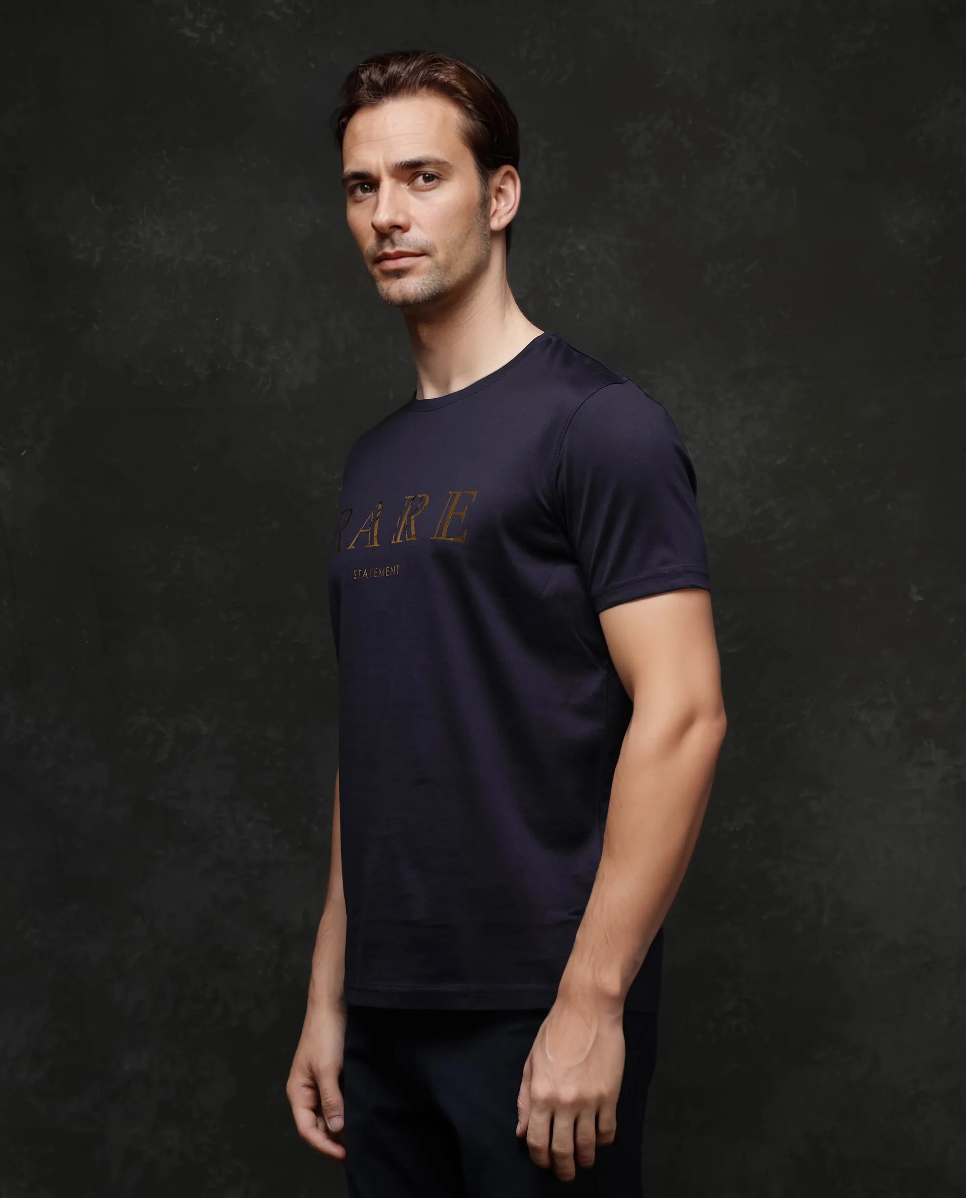 Rare Rabbit Men's Echon-1 Navy Cotton Fabric Short Sleeve Crew Neck Graphic Print T-Shirt