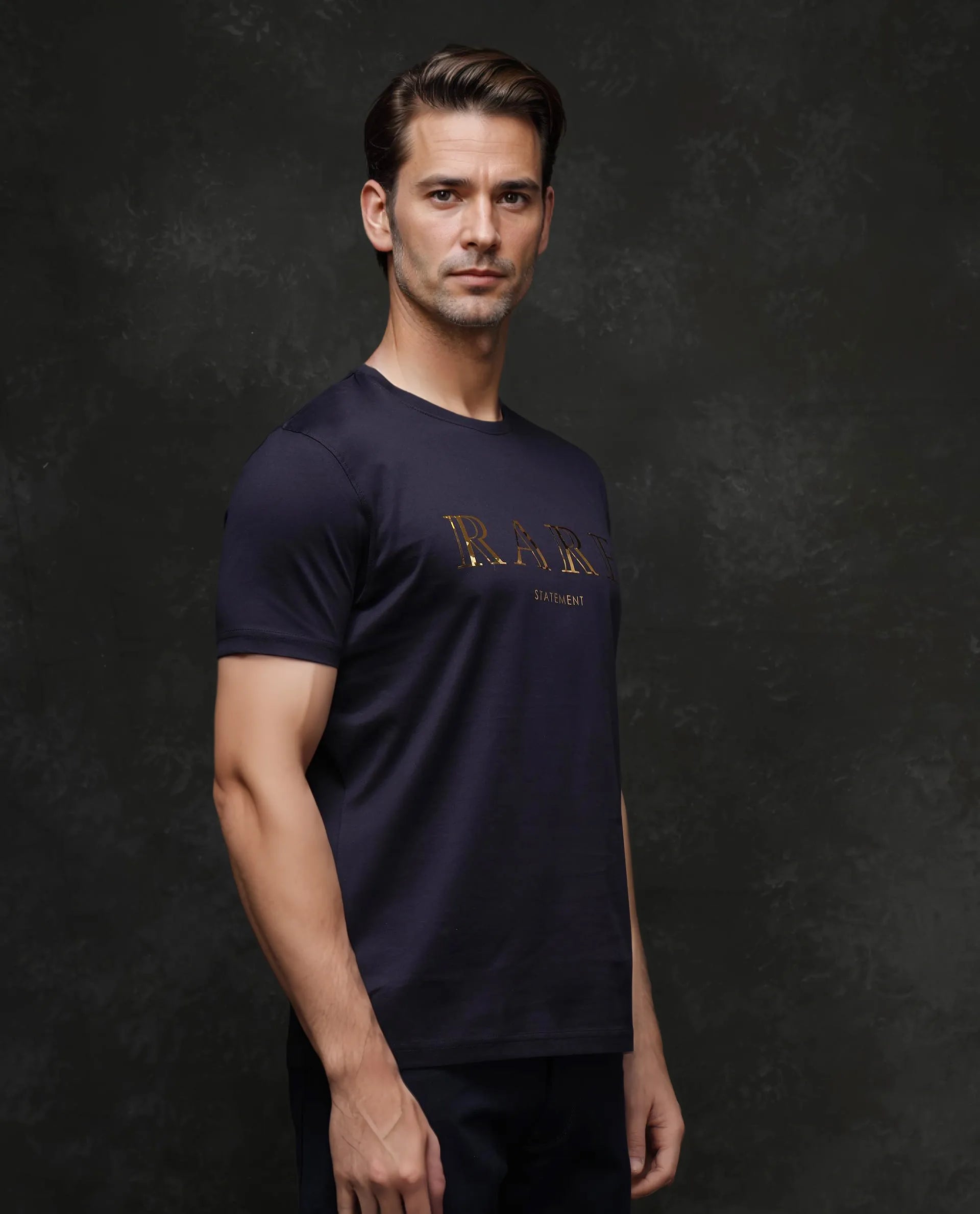 Rare Rabbit Men's Echon-1 Navy Cotton Fabric Short Sleeve Crew Neck Graphic Print T-Shirt