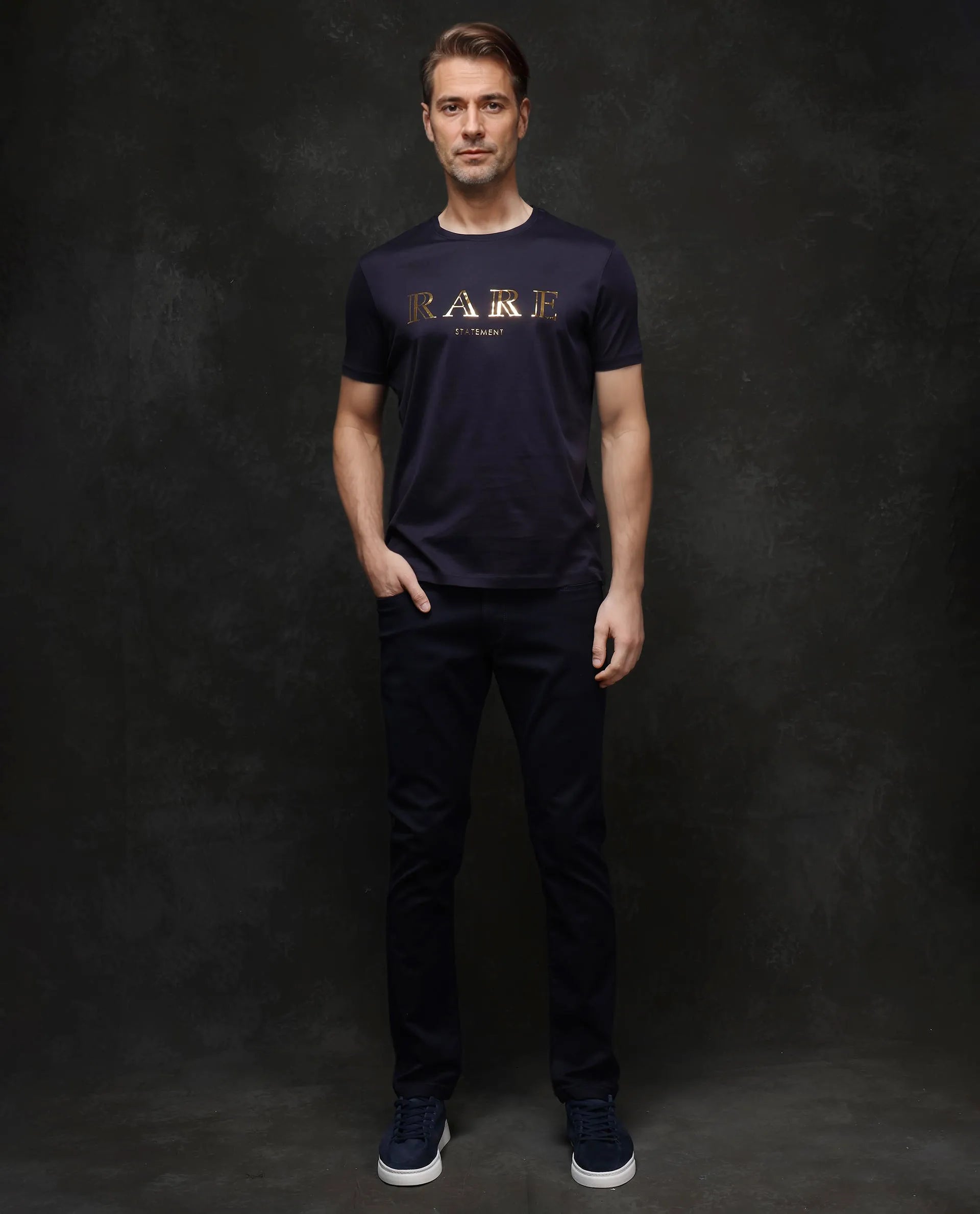 Rare Rabbit Men's Echon-1 Navy Cotton Fabric Short Sleeve Crew Neck Graphic Print T-Shirt