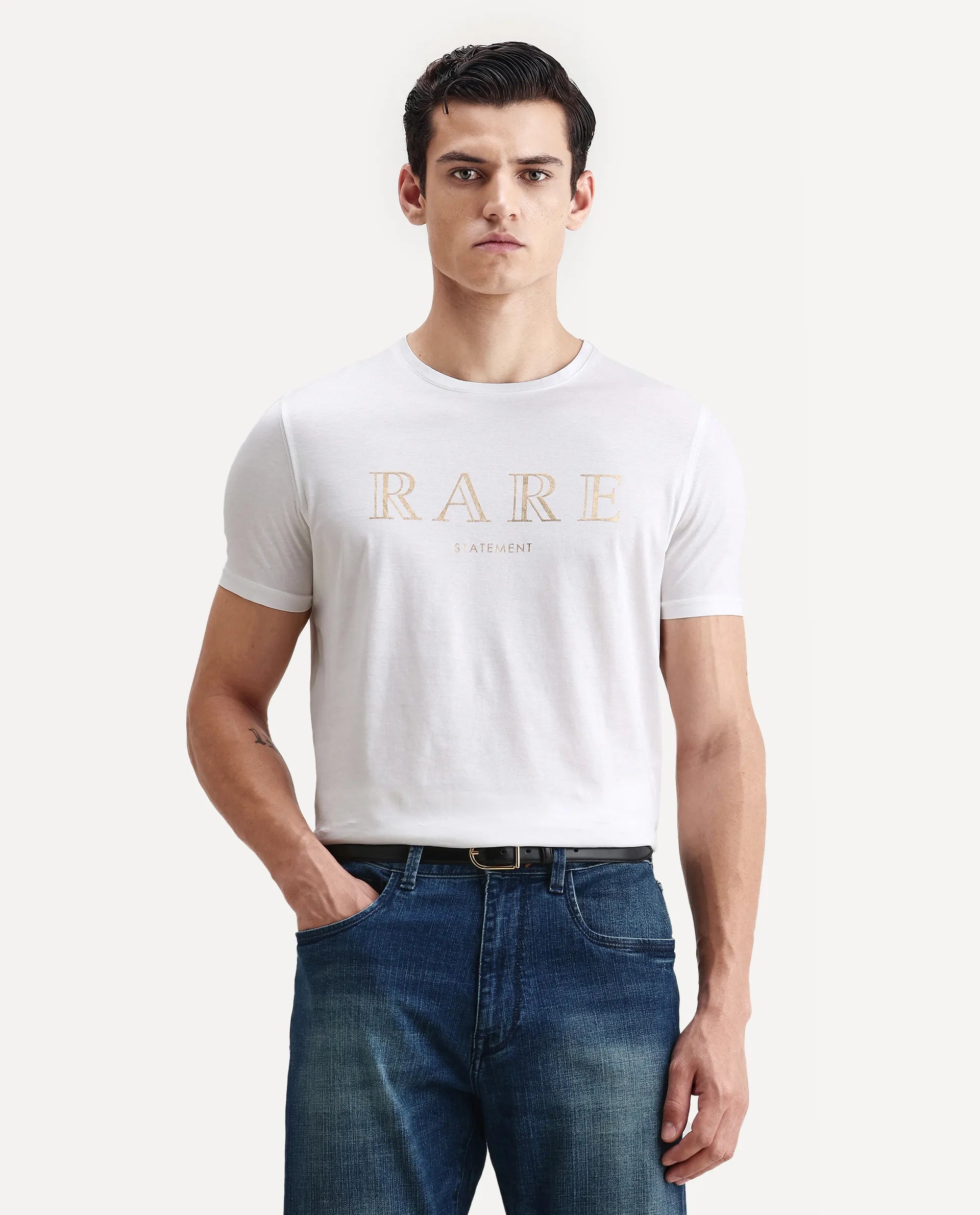 Rare Rabbit Men's Echon White Cotton Graphic Print Regular Fit Half Sleeve Crew Neck T-Shirt