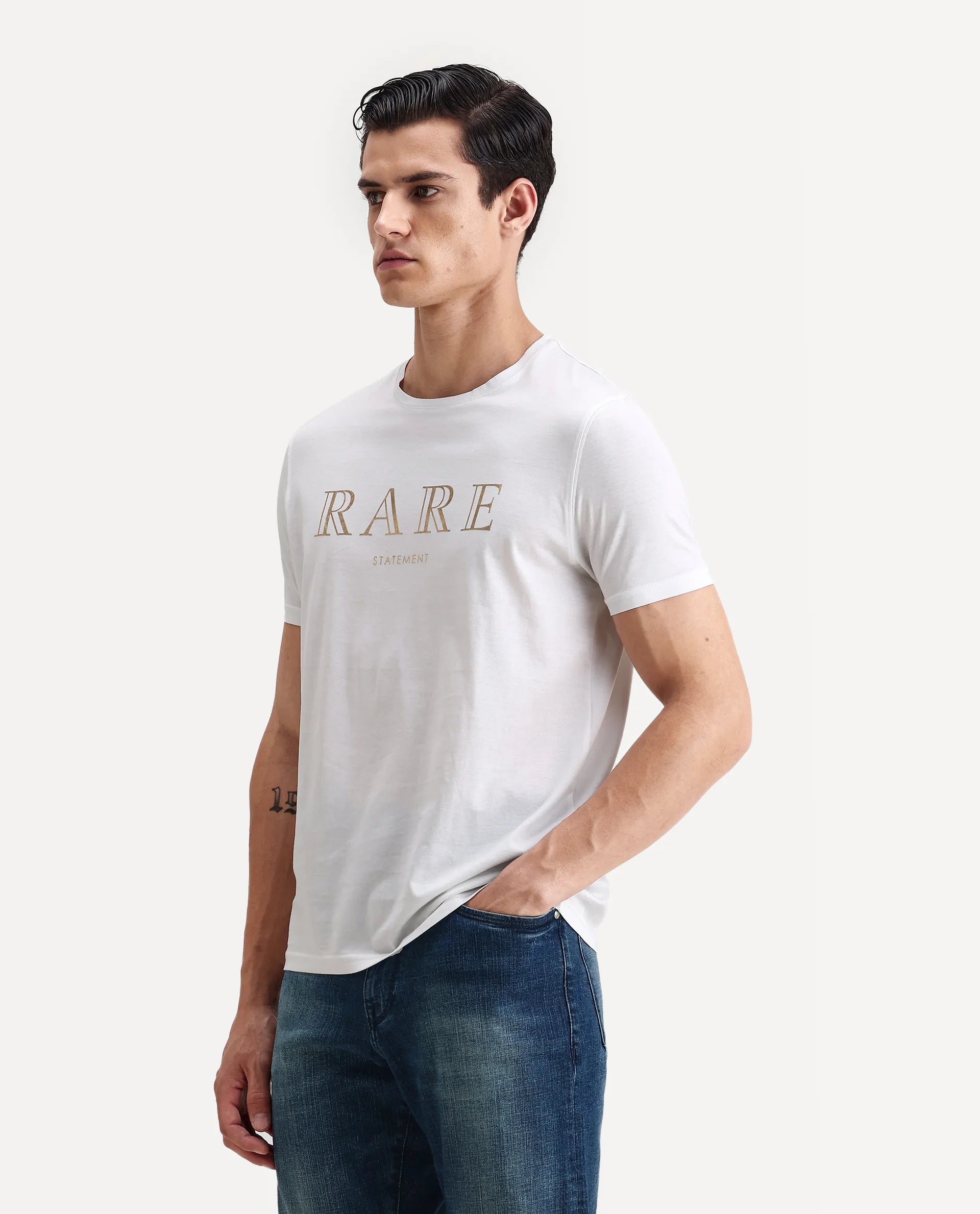 Rare Rabbit Men's Echon White Cotton Graphic Print Regular Fit Half Sleeve Crew Neck T-Shirt