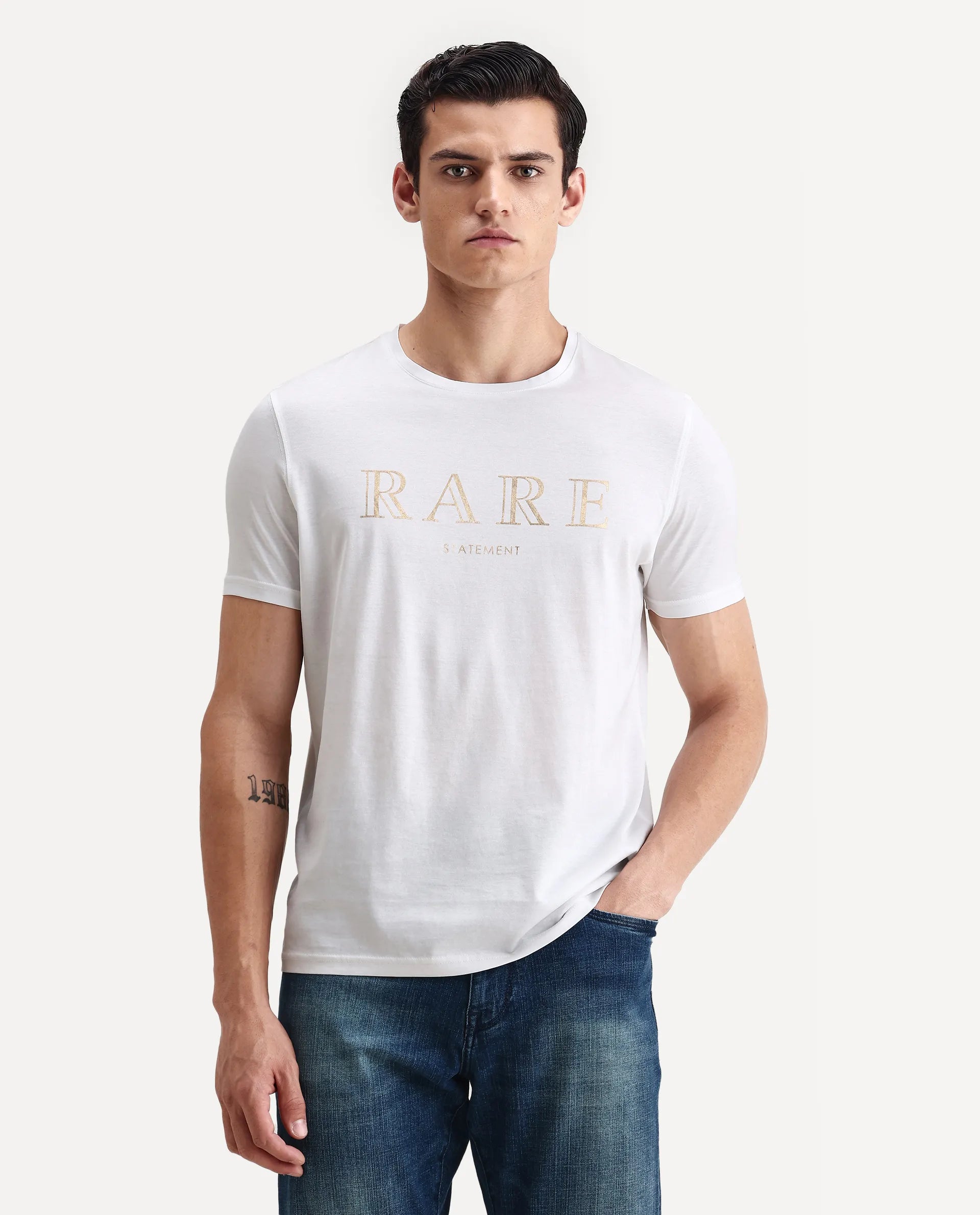 Rare Rabbit Men's Echon White Cotton Graphic Print Regular Fit Half Sleeve Crew Neck T-Shirt