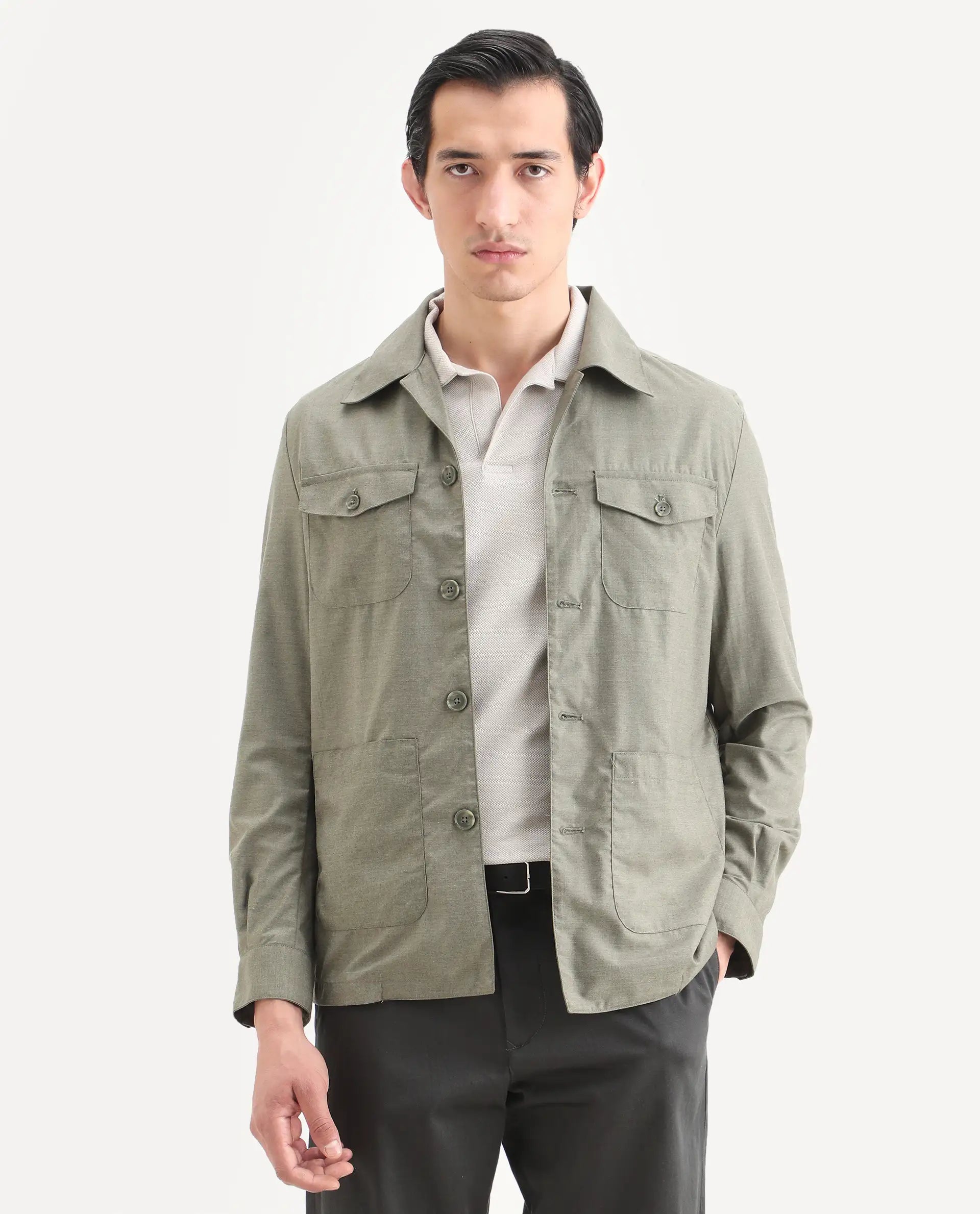 Rare Rabbit Men's Echos Light Olive Cotton Plain Relaxed Fit Full Sleeve Lapel Neck Jacket