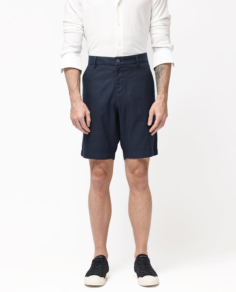 Rare Rabbit Men's Edam Navy Lyocell Cotton Linen Fabric Knee Length Relaxed Fit Solid Shorts