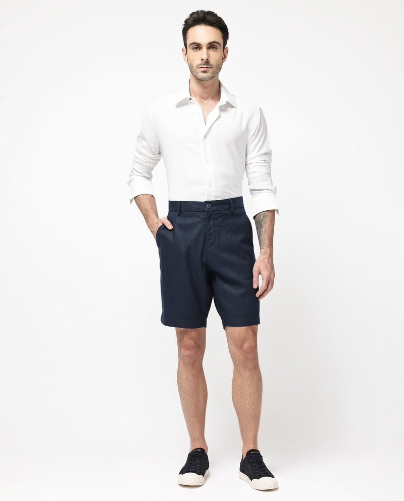 Rare Rabbit Men's Edam Navy Lyocell Cotton Linen Fabric Knee Length Relaxed Fit Solid Shorts