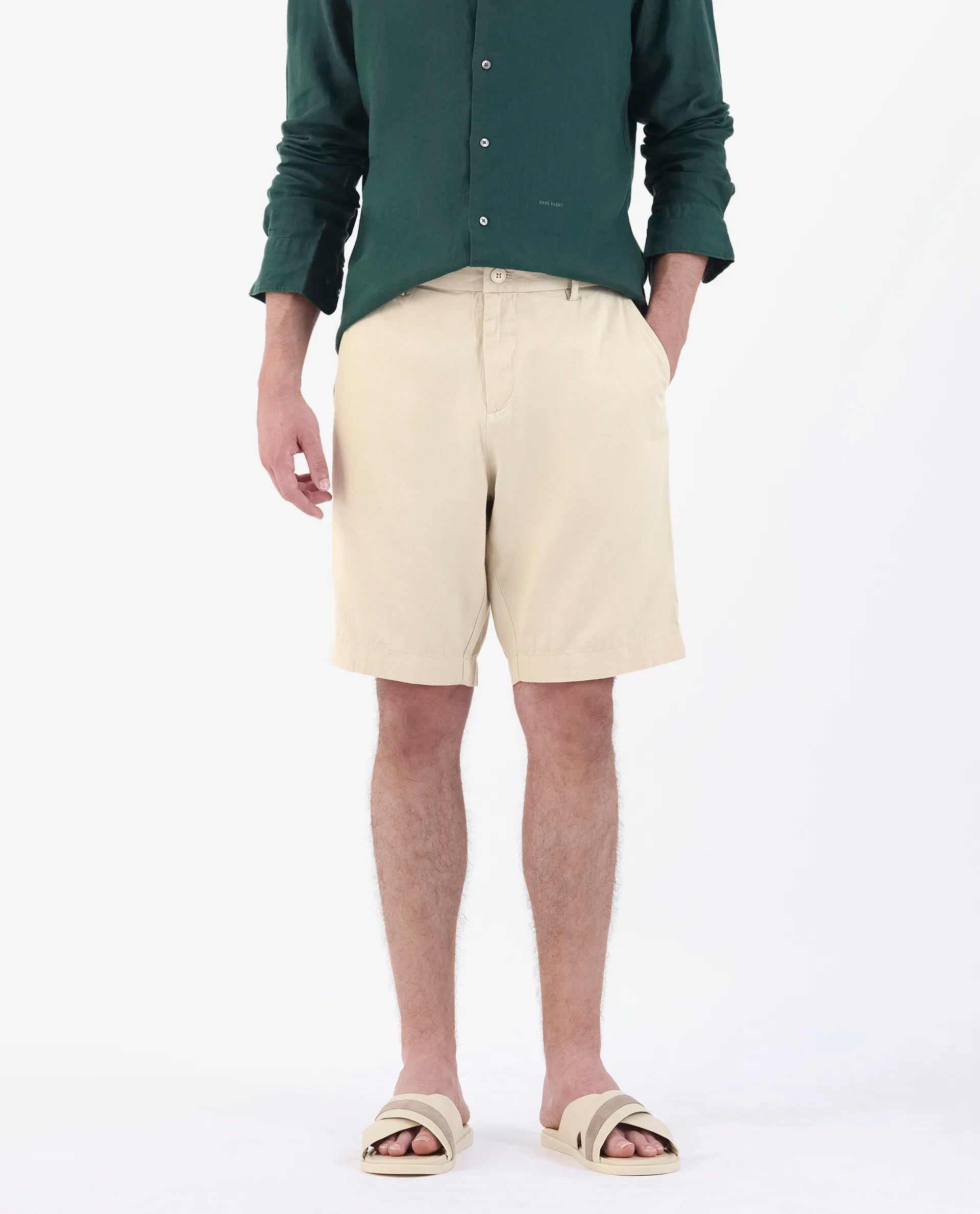 Rare Rabbit Men's Edam Beige Linen Blend Plain Relaxed Fit Shorts
