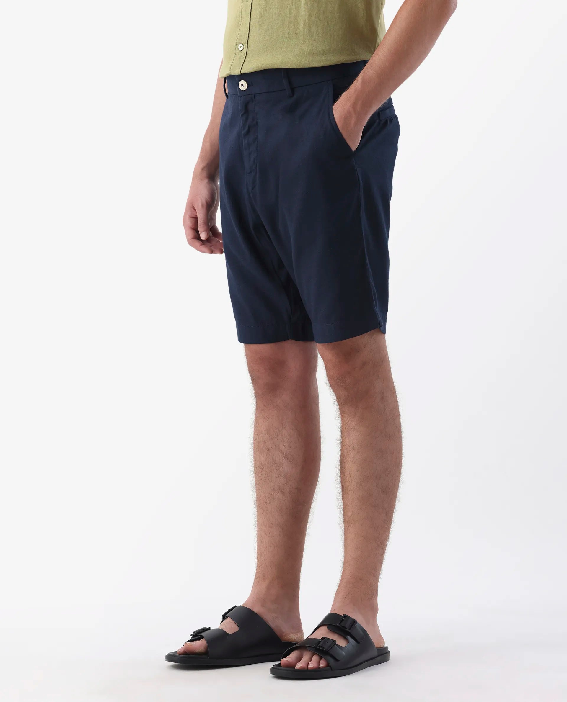 Rare Rabbit Men's Edam Navy Linen Blend Plain Relaxed Fit Shorts