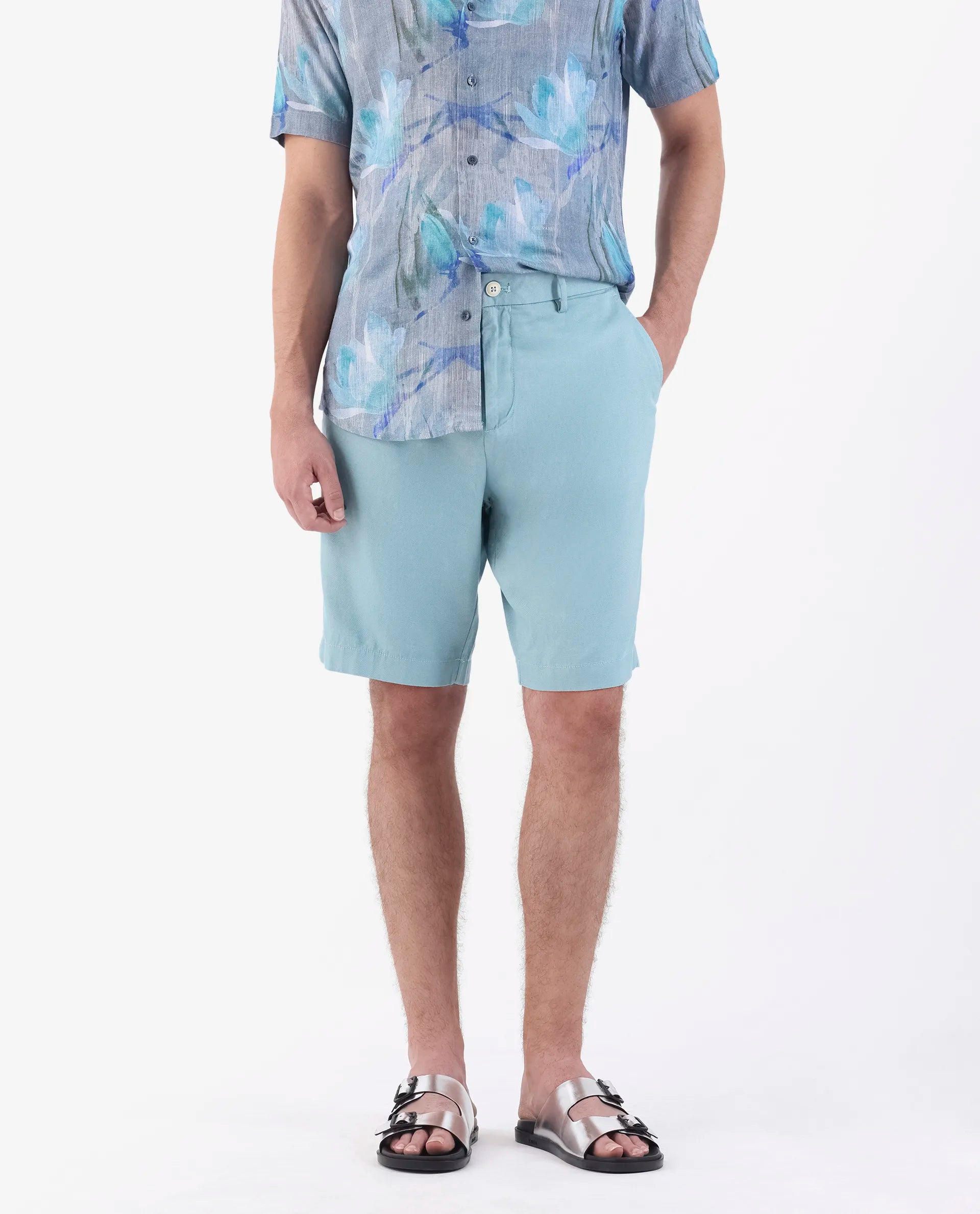 Rare Rabbit Men's Edam Turq Linen Blend Plain Relaxed Fit Shorts