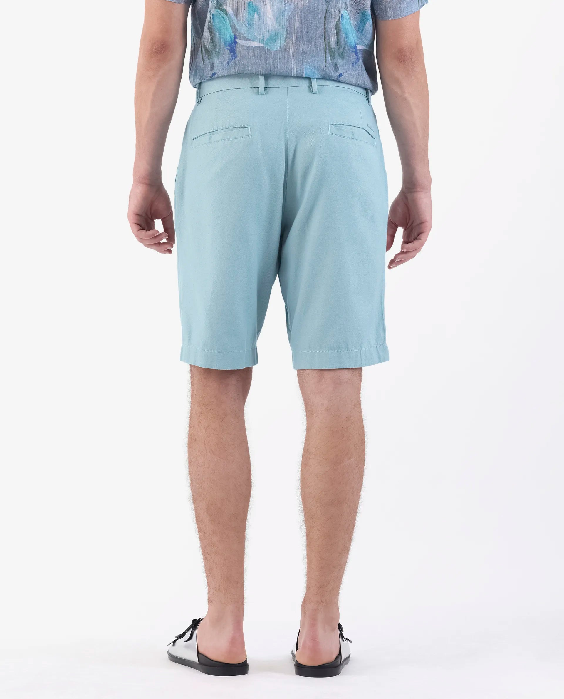 Rare Rabbit Men's Edam Turq Linen Blend Plain Relaxed Fit Shorts