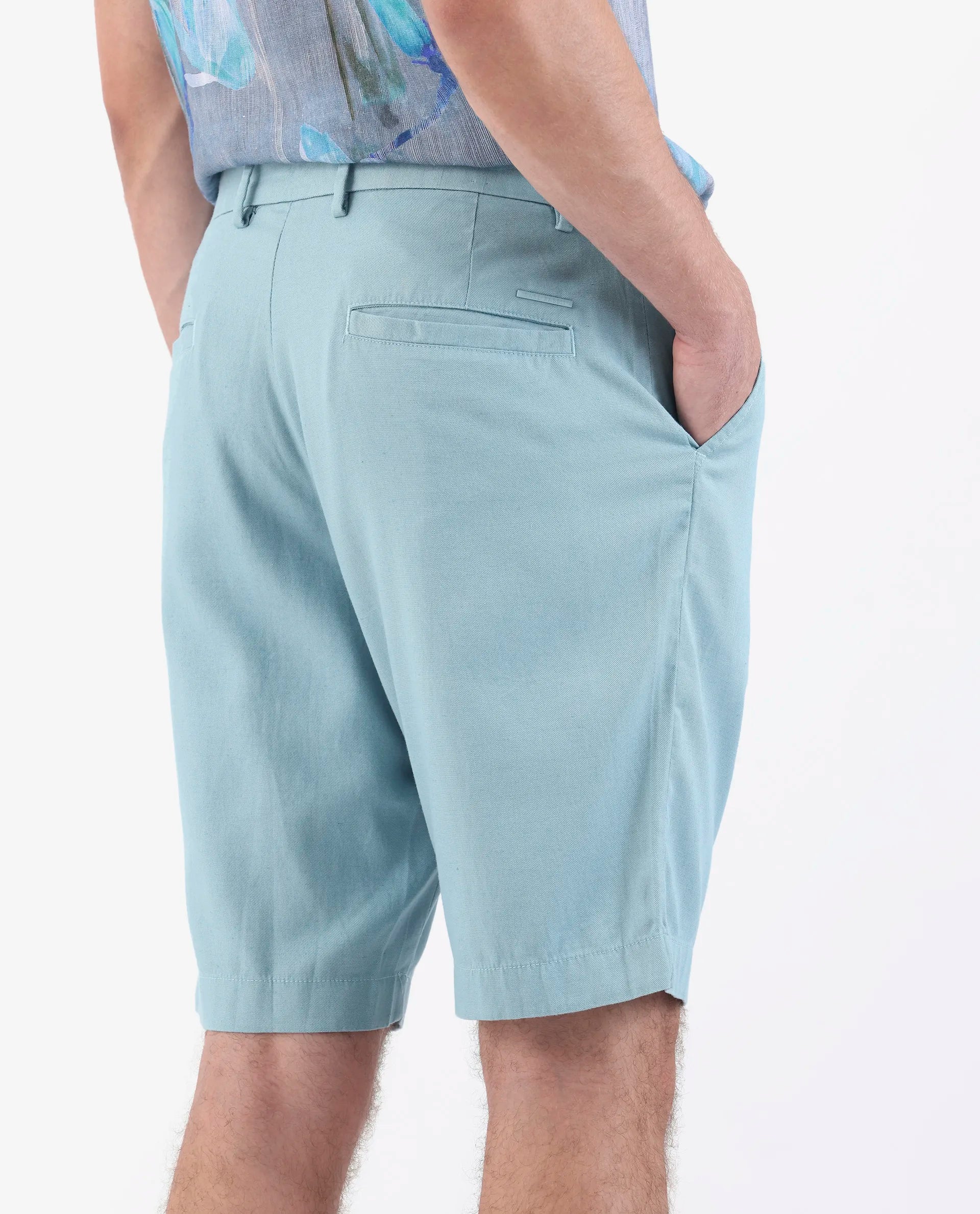 Rare Rabbit Men's Edam Turq Linen Blend Plain Relaxed Fit Shorts