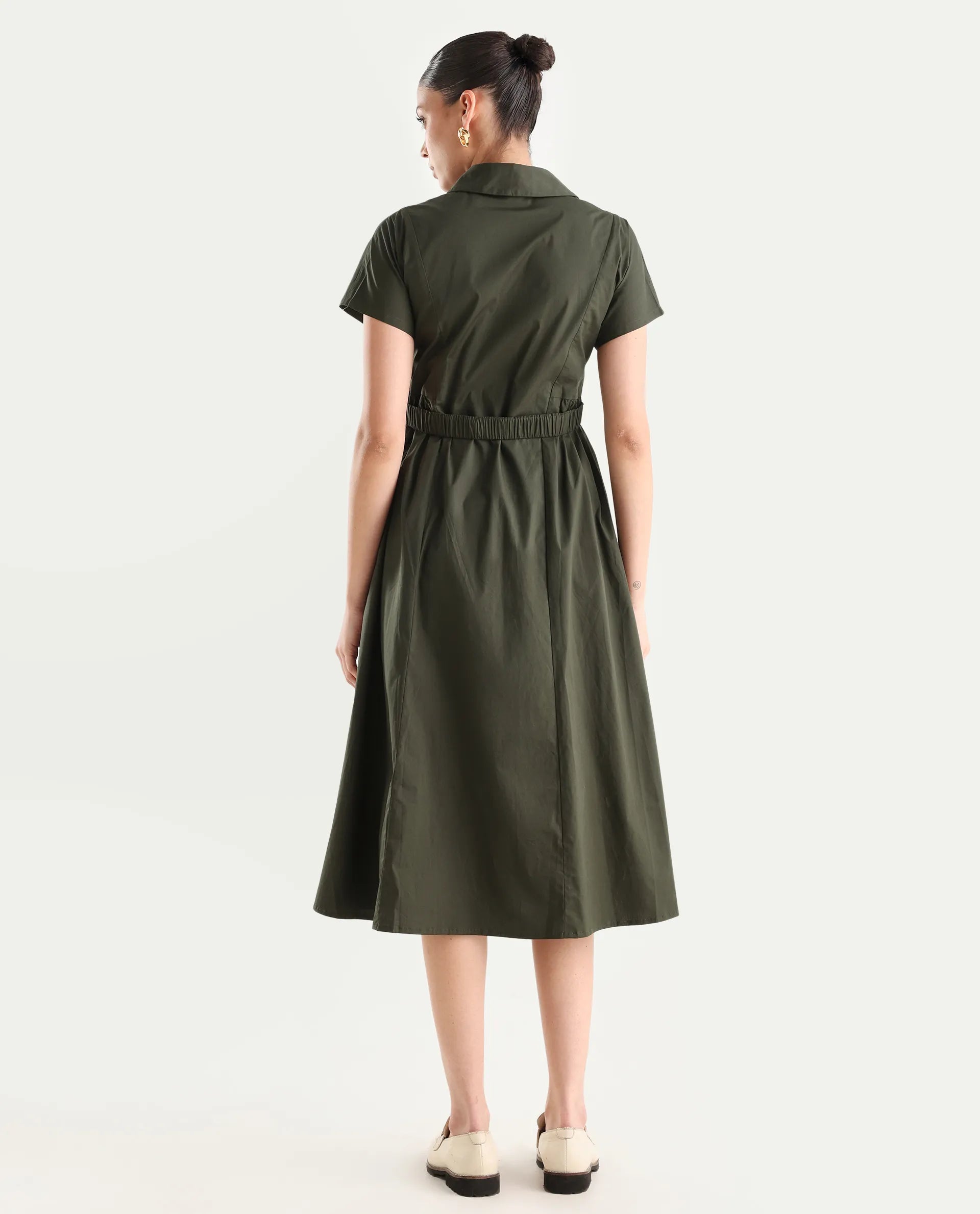 Rareism Women's Eddl Olive Cotton Blend Drop Collar Plain Midi Fit And Flare Dress