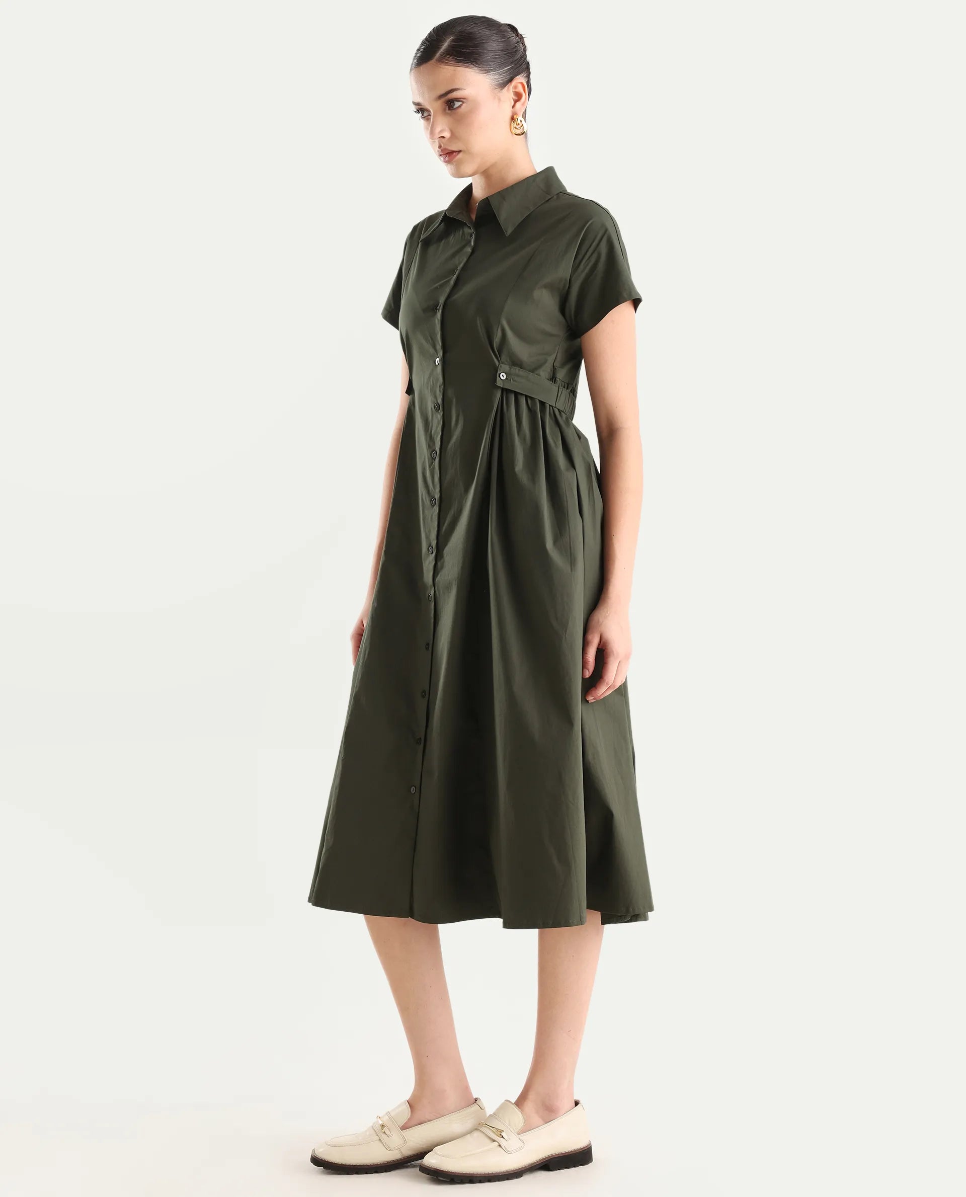 Rareism Women's Eddl Olive Cotton Blend Drop Collar Plain Midi Fit And Flare Dress