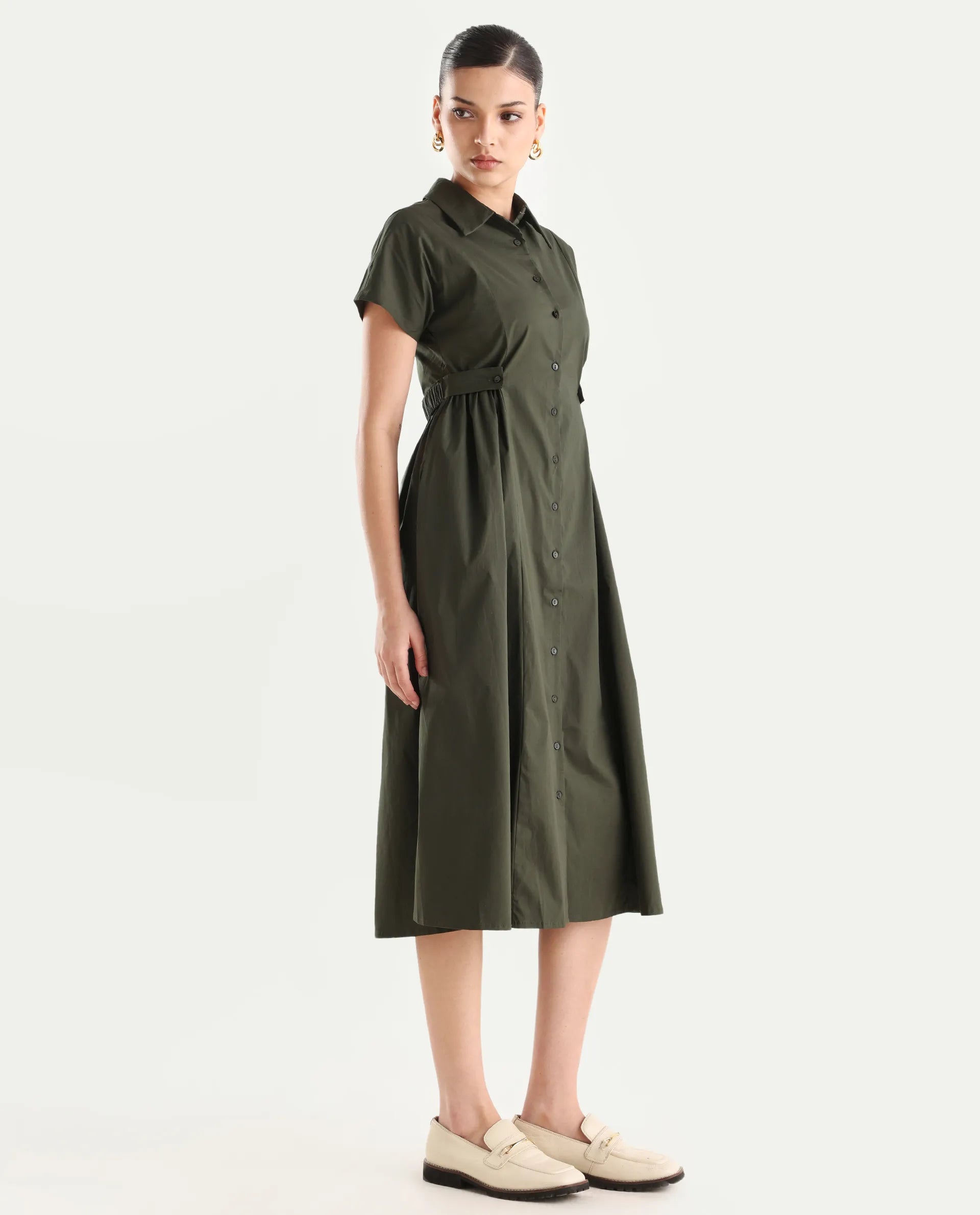 Rareism Women's Eddl Olive Cotton Blend Drop Collar Plain Midi Fit And Flare Dress