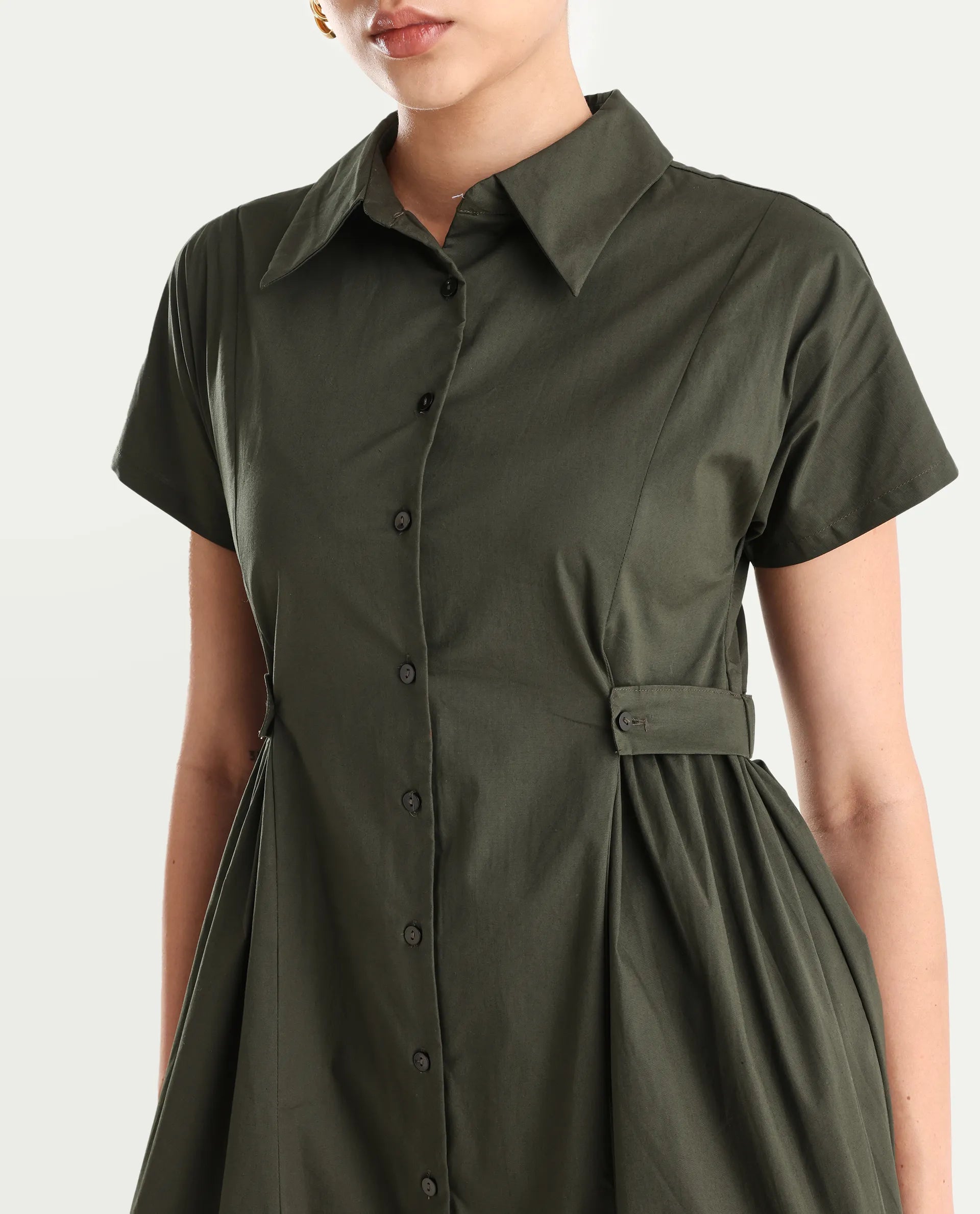 Rareism Women's Eddl Olive Cotton Blend Drop Collar Plain Midi Fit And Flare Dress