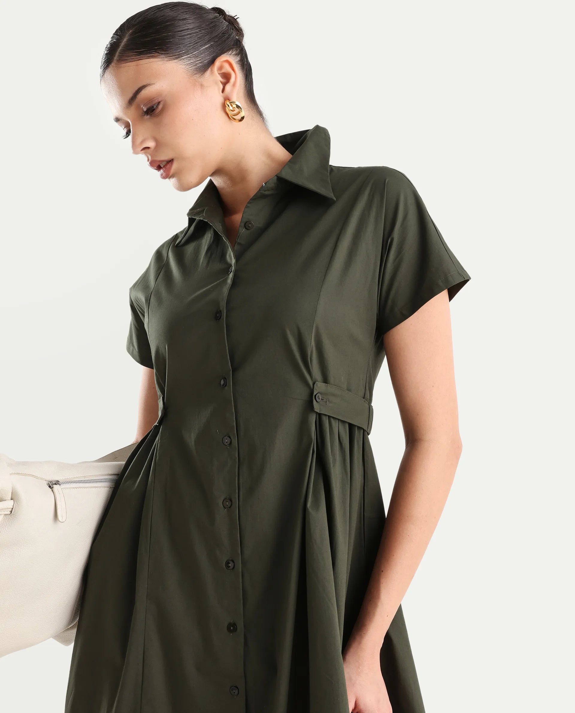 Rareism Women's Eddl Olive Cotton Blend Drop Collar Plain Midi Fit And Flare Dress