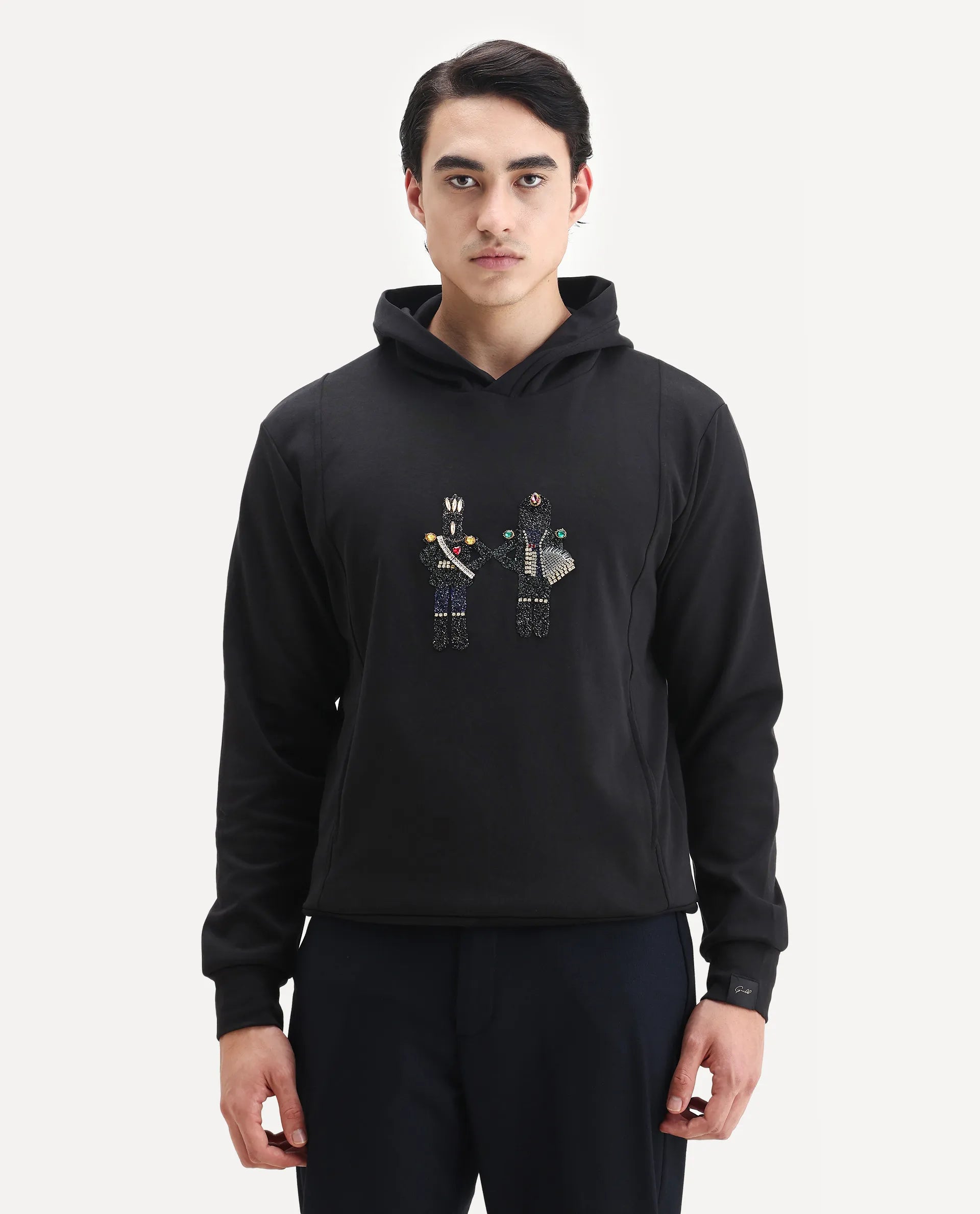 Rare Rabbit Men's Eddy Black Cotton Blend Gemstone Artwork Regular Fit Full Sleeve Hooded Sweatshirt