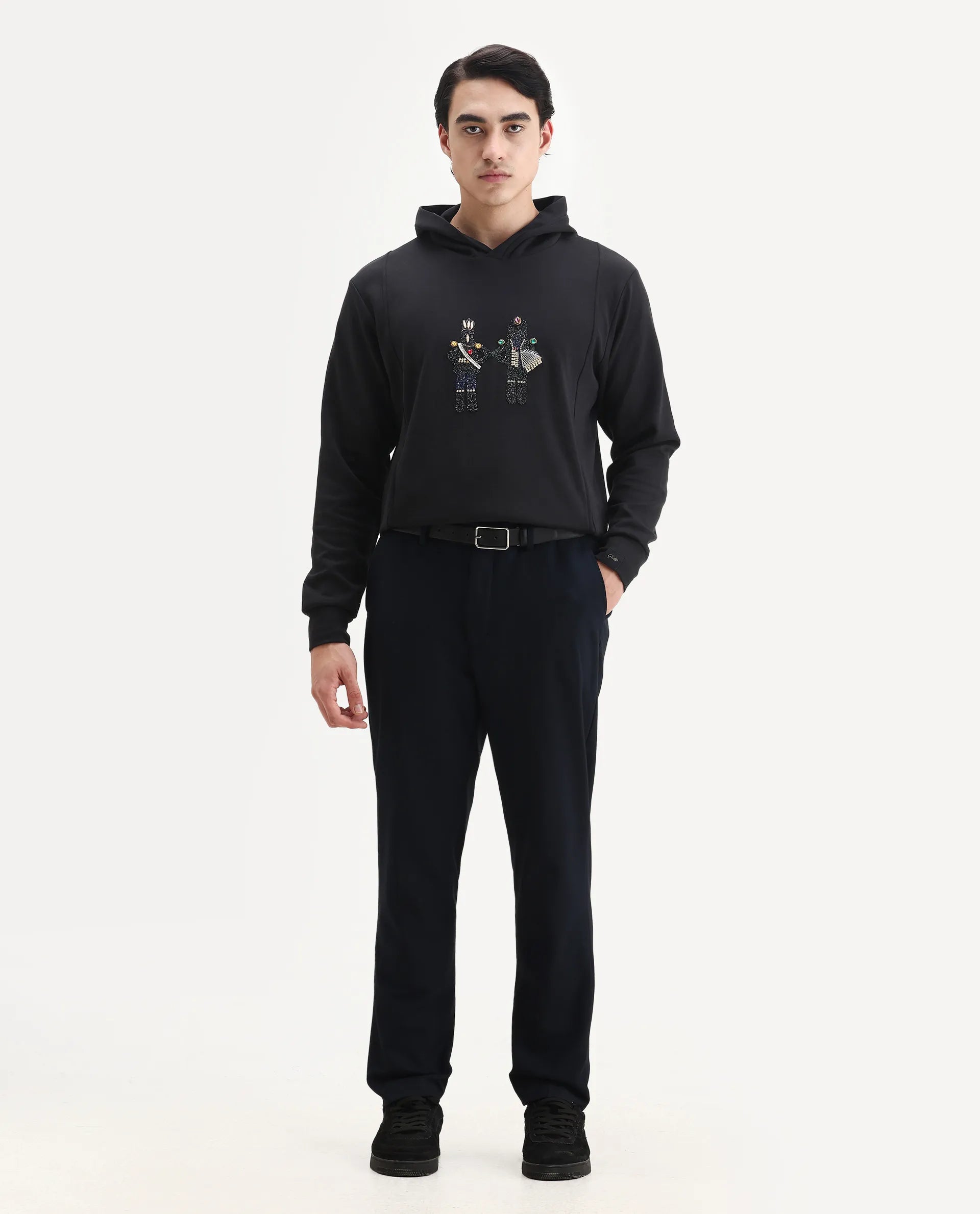 Rare Rabbit Men's Eddy Black Cotton Blend Gemstone Artwork Regular Fit Full Sleeve Hooded Sweatshirt