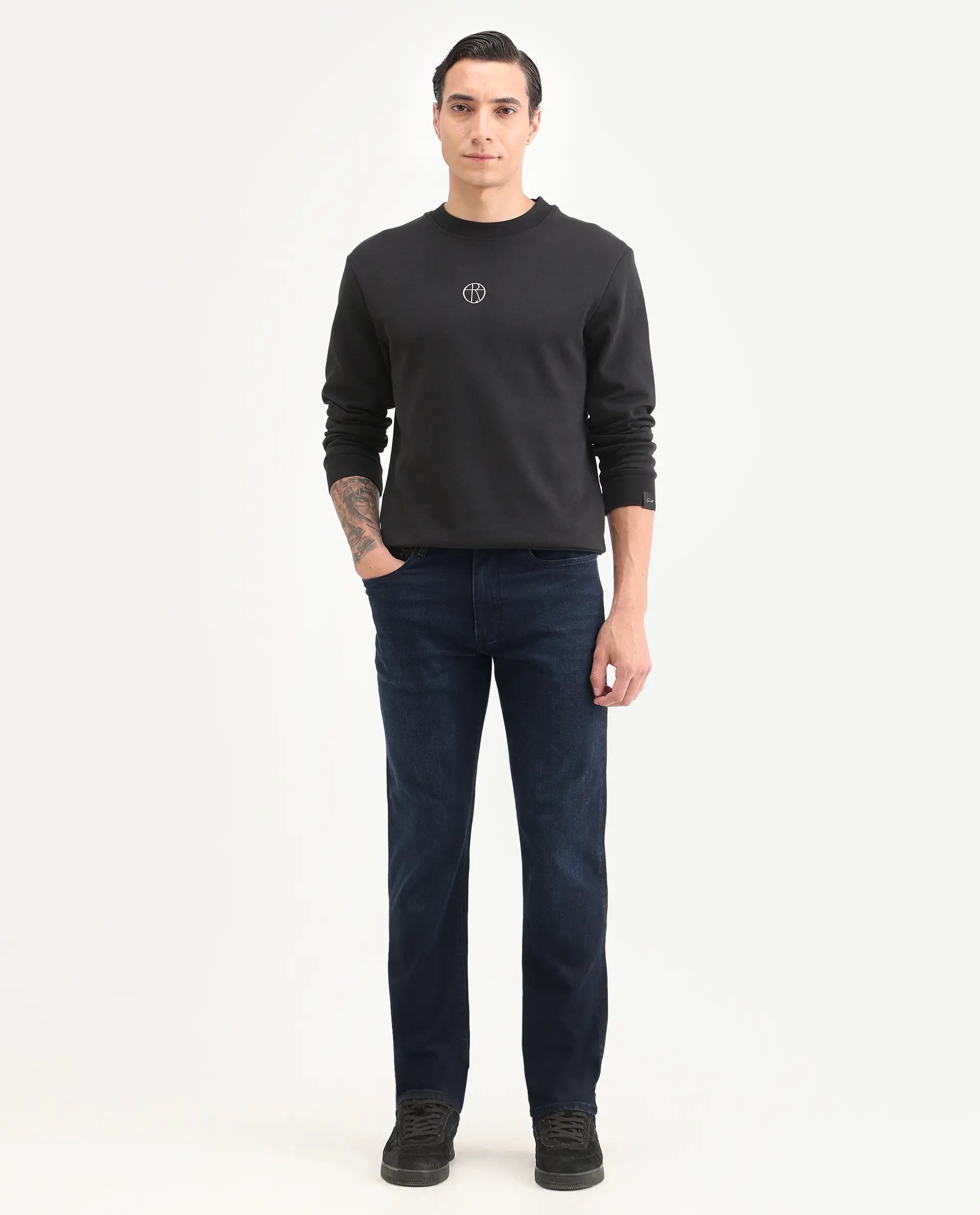 Rare Rabbit Men's Edge Dark Navy Cotton Blend Fabric Regular Fit Plain Jeans