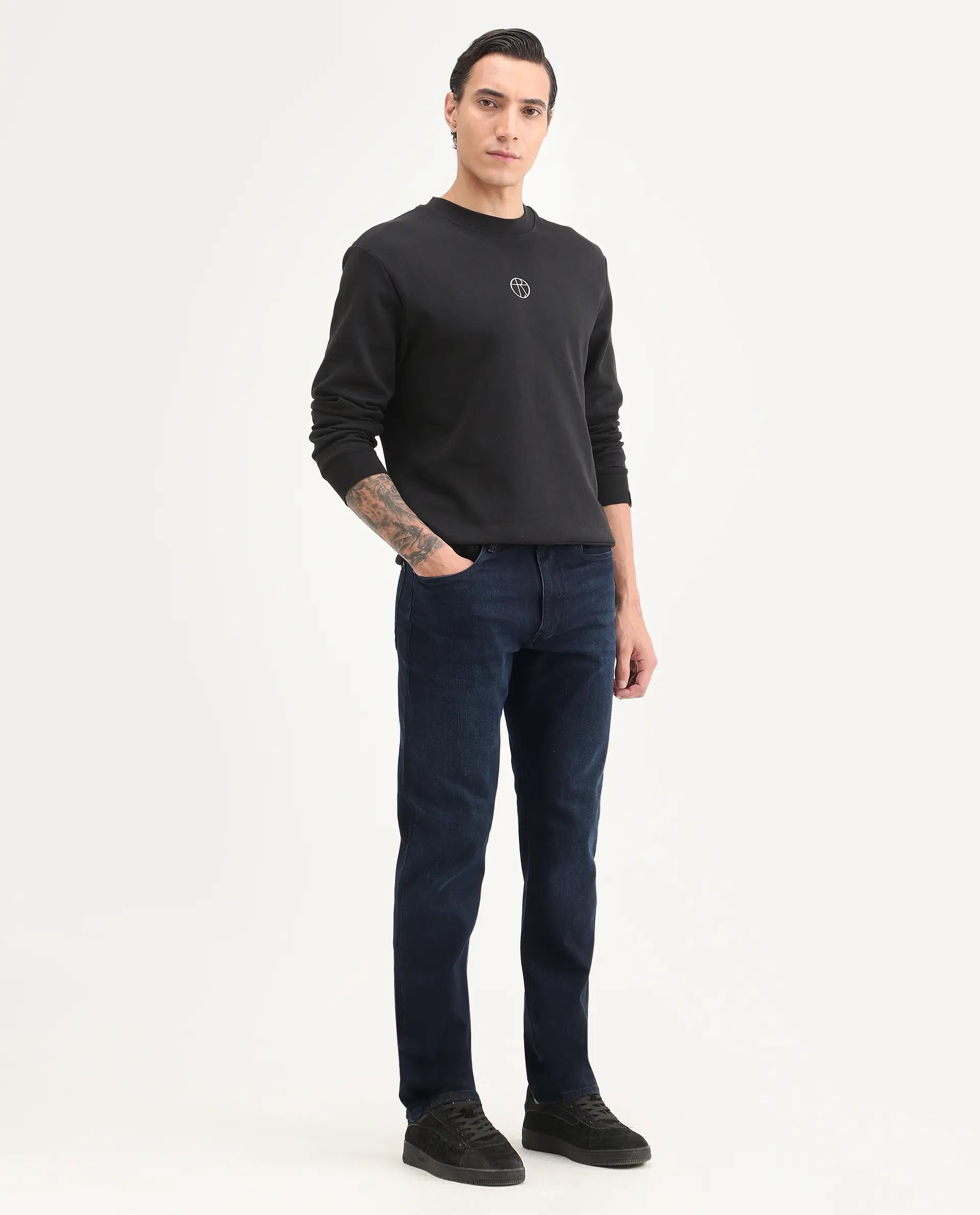 Rare Rabbit Men's Edge Dark Navy Cotton Blend Fabric Regular Fit Plain Jeans
