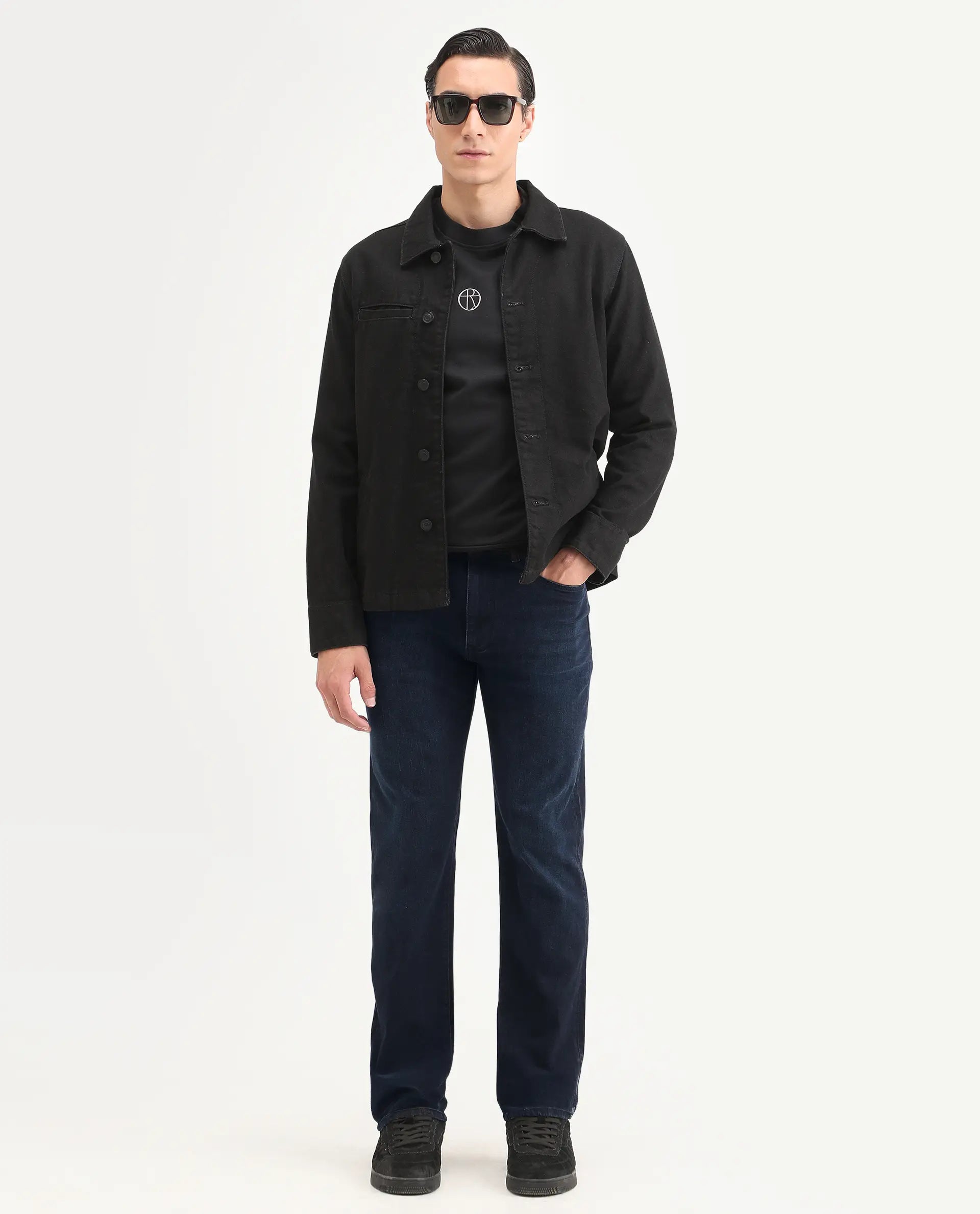 Rare Rabbit Men's Edge Dark Navy Cotton Blend Fabric Regular Fit Plain Jeans
