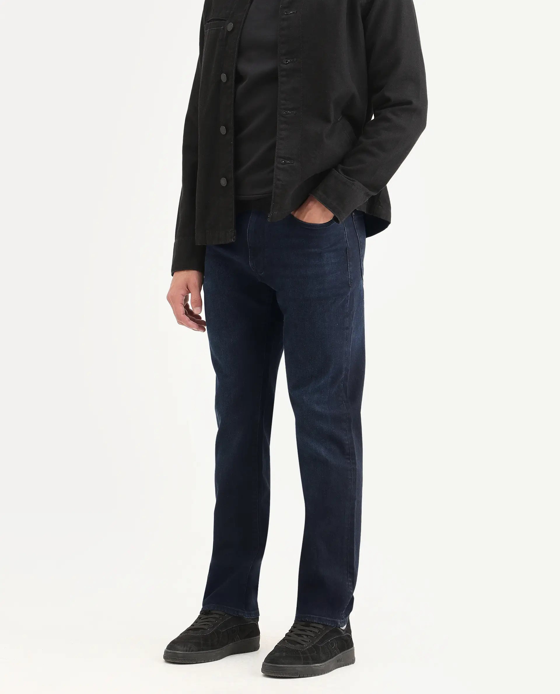 Rare Rabbit Men's Edge Dark Navy Cotton Blend Fabric Regular Fit Plain Jeans