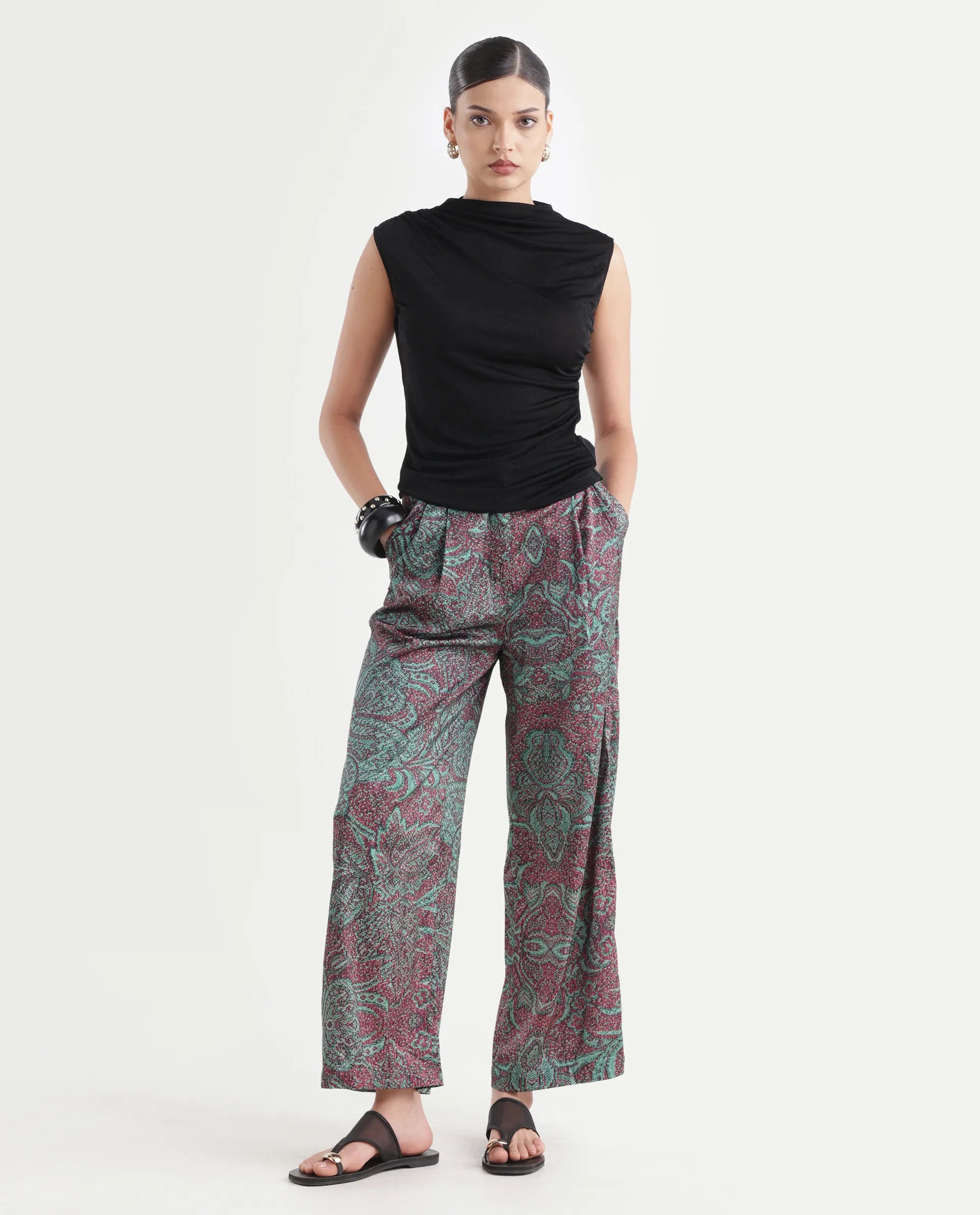 Rareism Women's Edina Multi Satin Abstract Print Ankle Length Wide Trouser