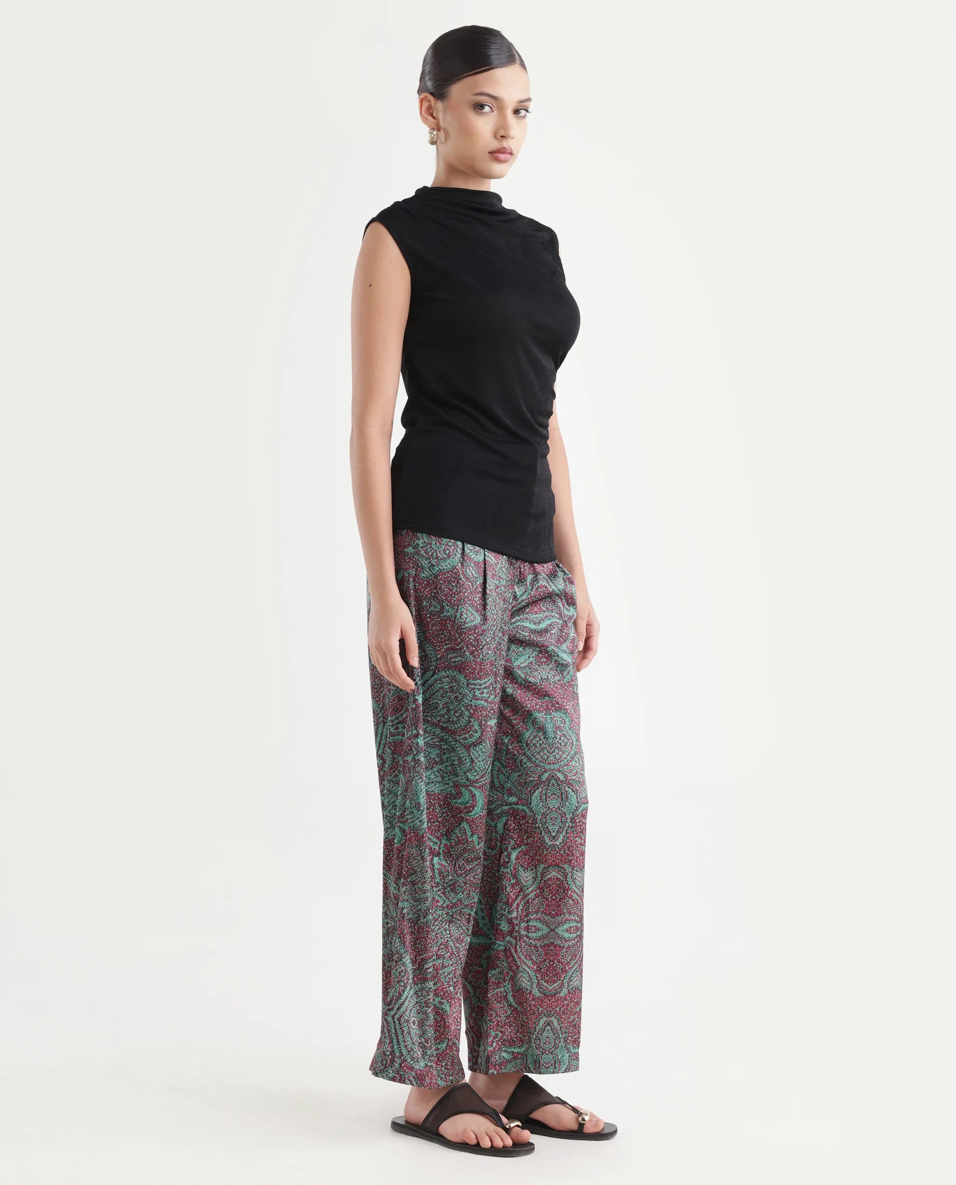 Rareism Women's Edina Multi Satin Abstract Print Ankle Length Wide Trouser