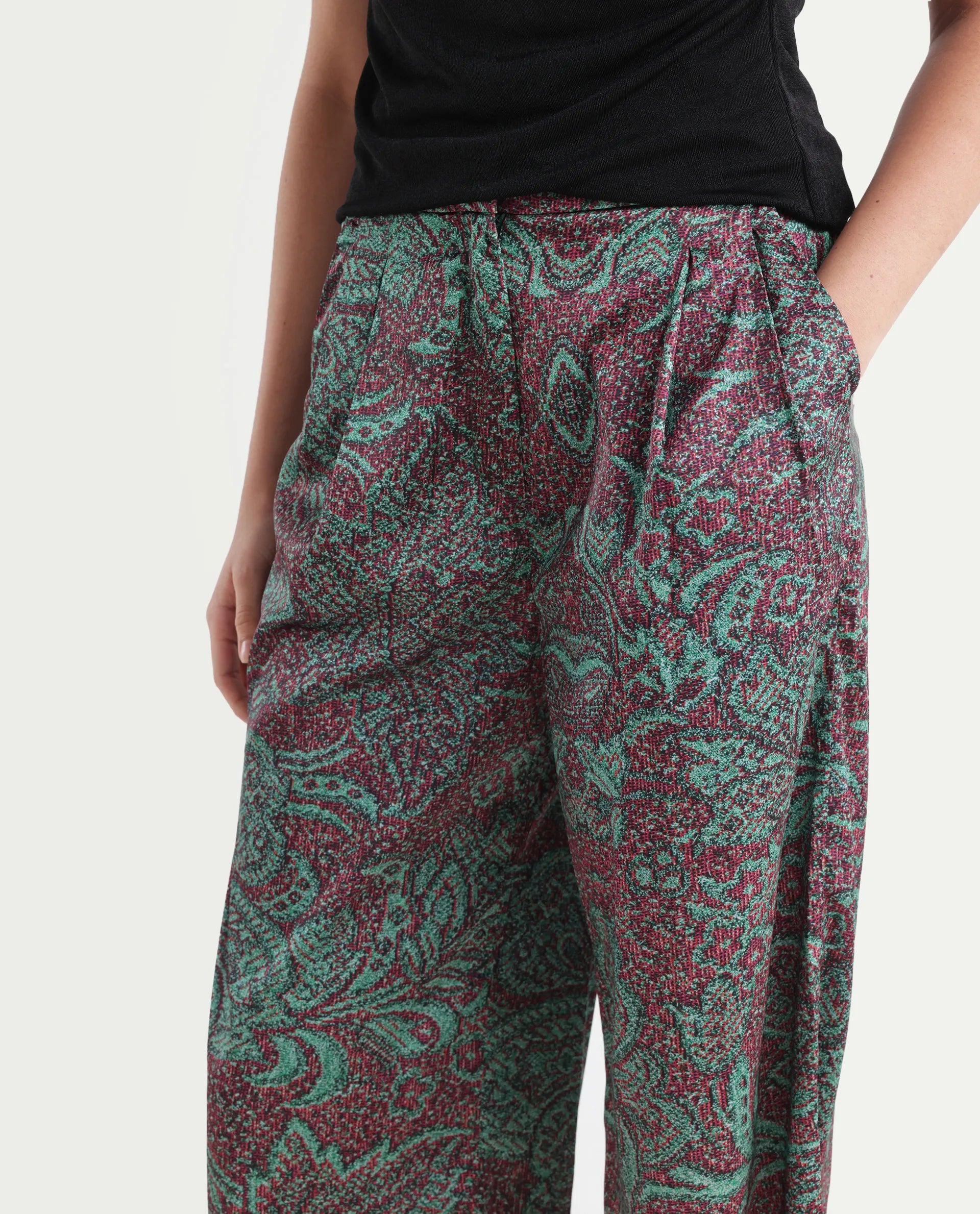 Rareism Women's Edina Multi Satin Abstract Print Ankle Length Wide Trouser