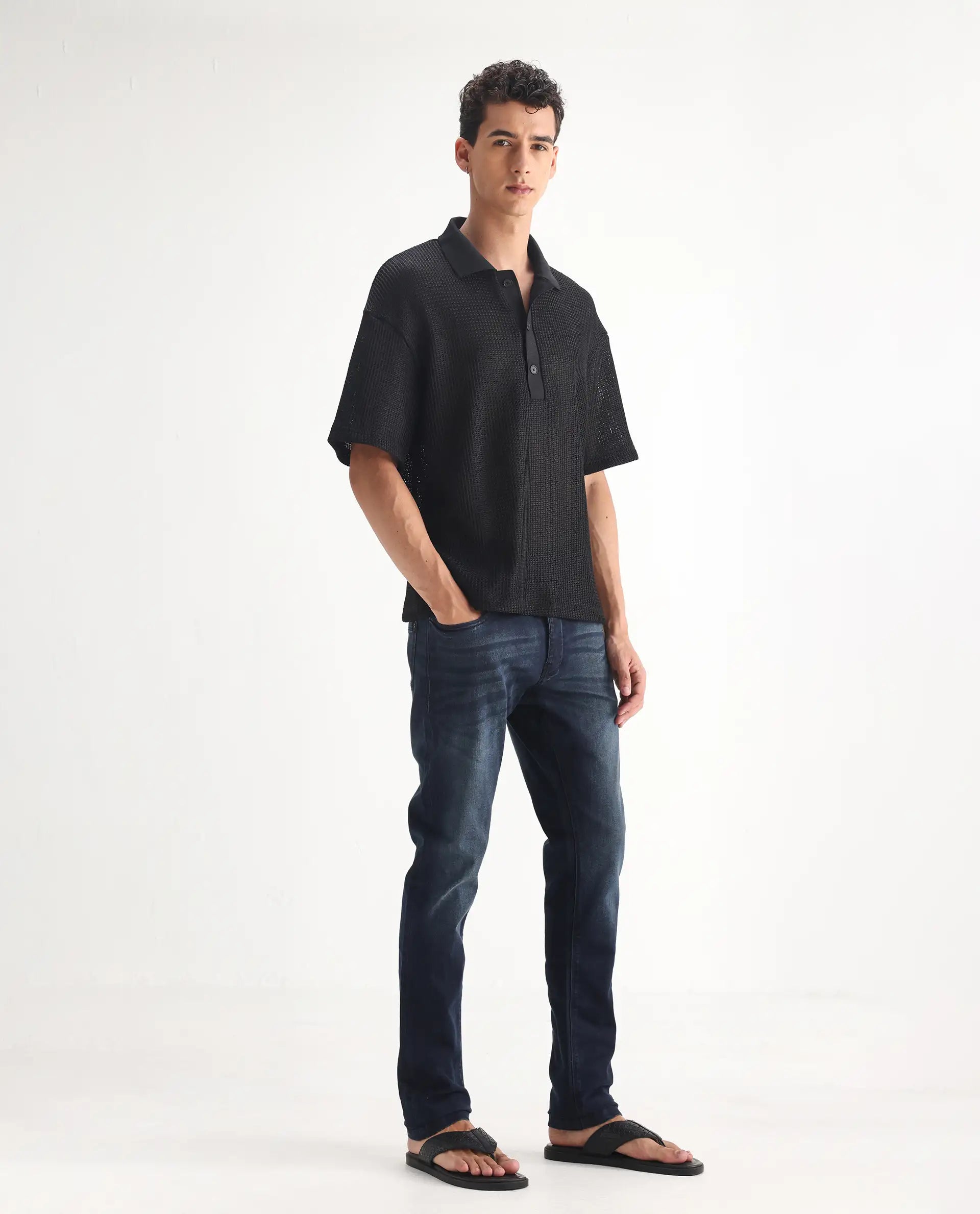 Rare Rabbit Men's Edin Blue Cotton Plain Hawk Slim Fit Jeans