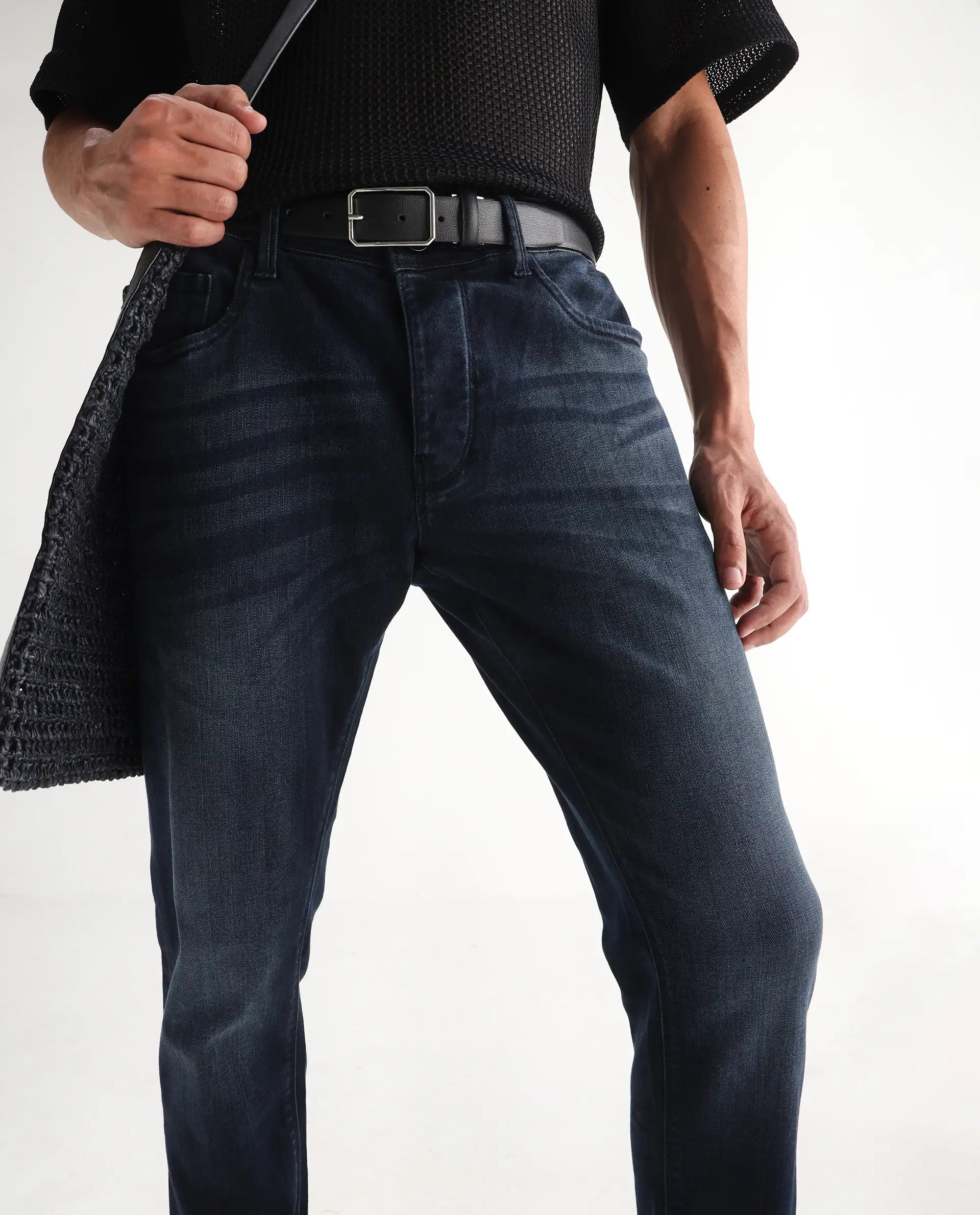 Rare Rabbit Men's Edin Blue Cotton Plain Hawk Slim Fit Jeans