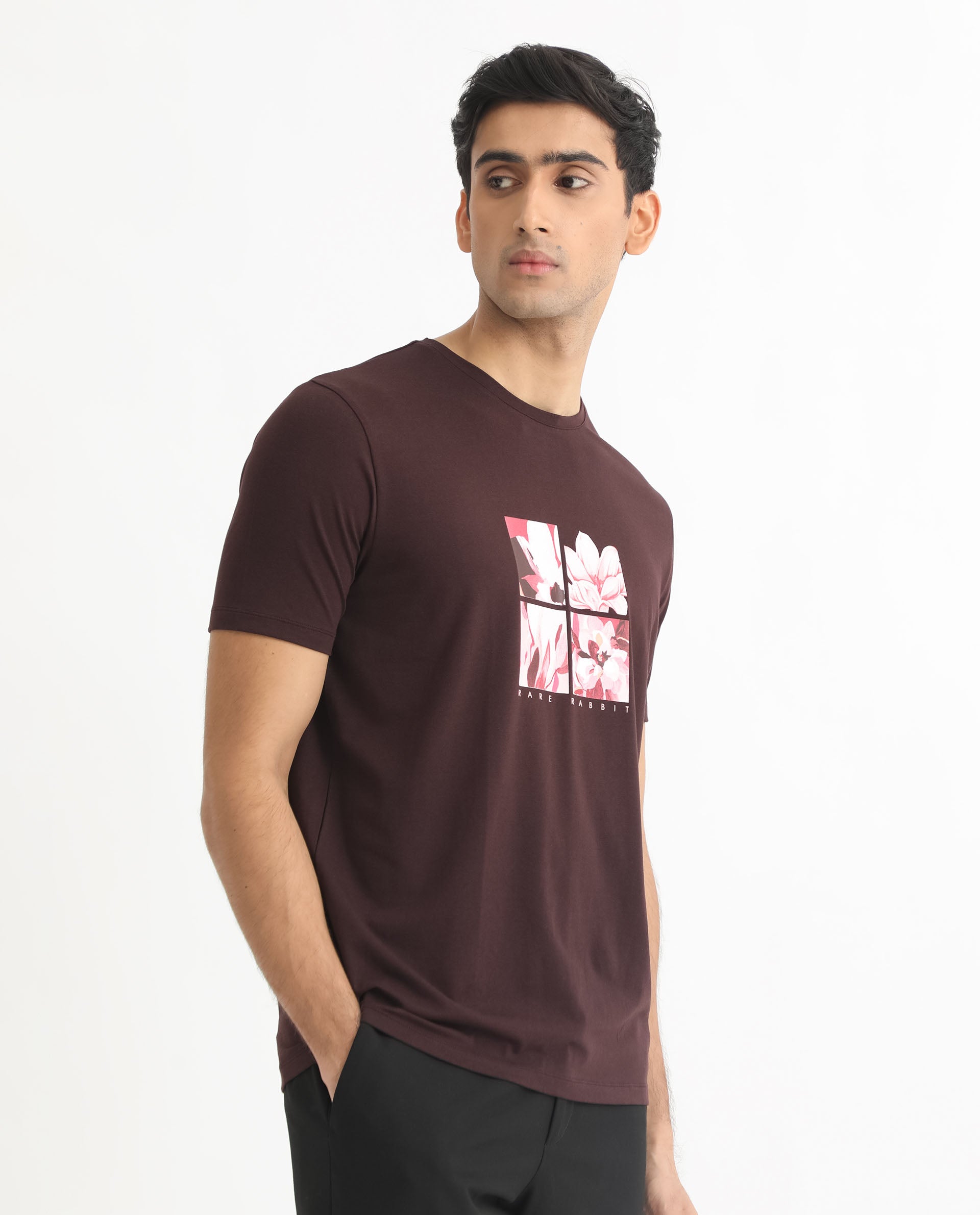 Rare Rabbit Men's Edis Maroon Crew Neck Floral Discharge Print Graphic Half Sleeves T-Shirt
