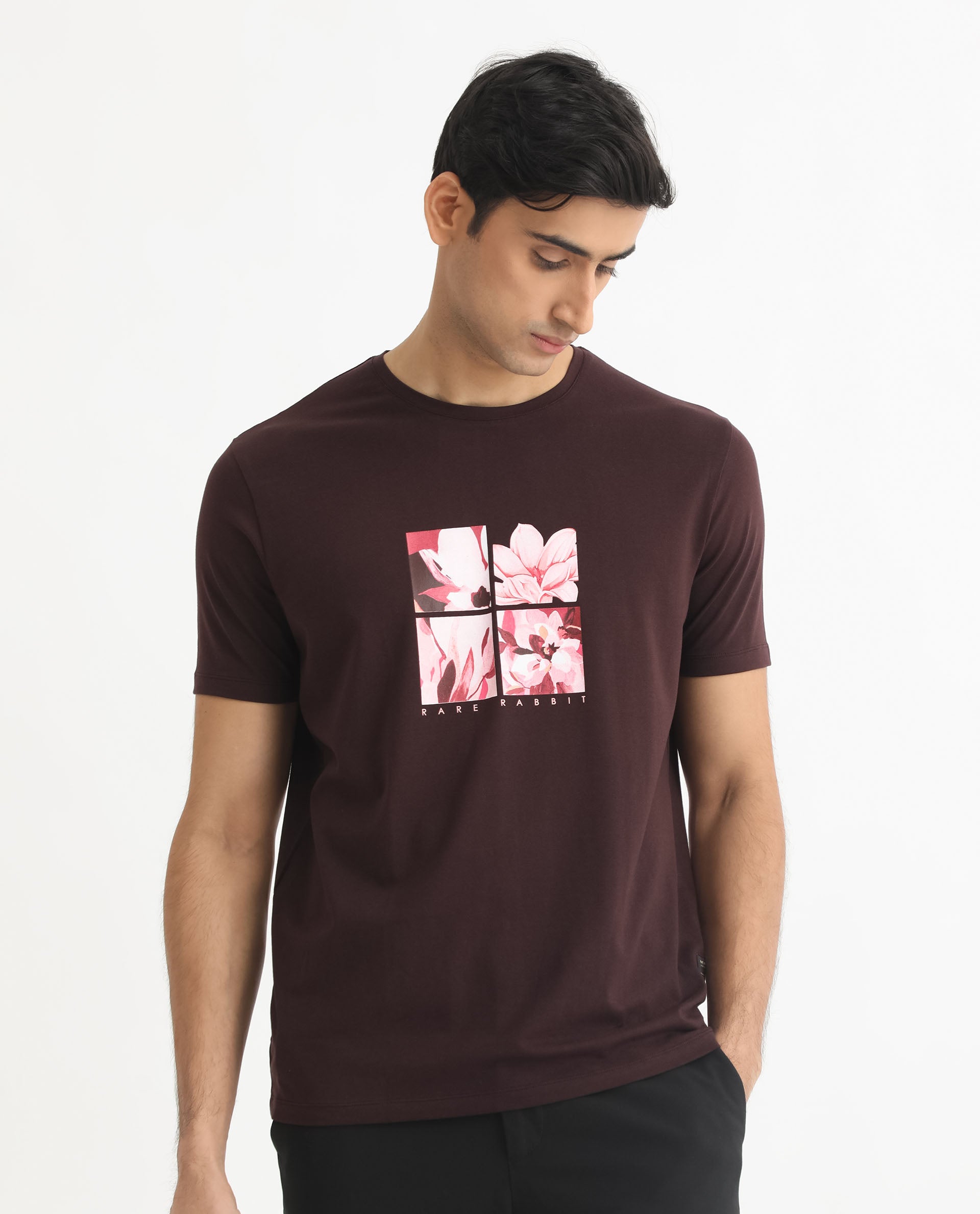 Rare Rabbit Men's Edis Maroon Crew Neck Floral Discharge Print Graphic Half Sleeves T-Shirt