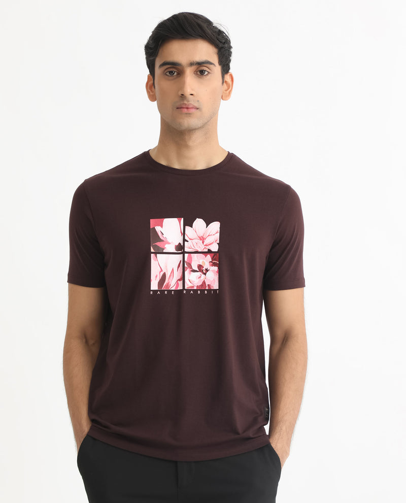 Rare Rabbit Men's Edis Maroon Crew Neck Floral Discharge Print Graphic Half Sleeves T-Shirt