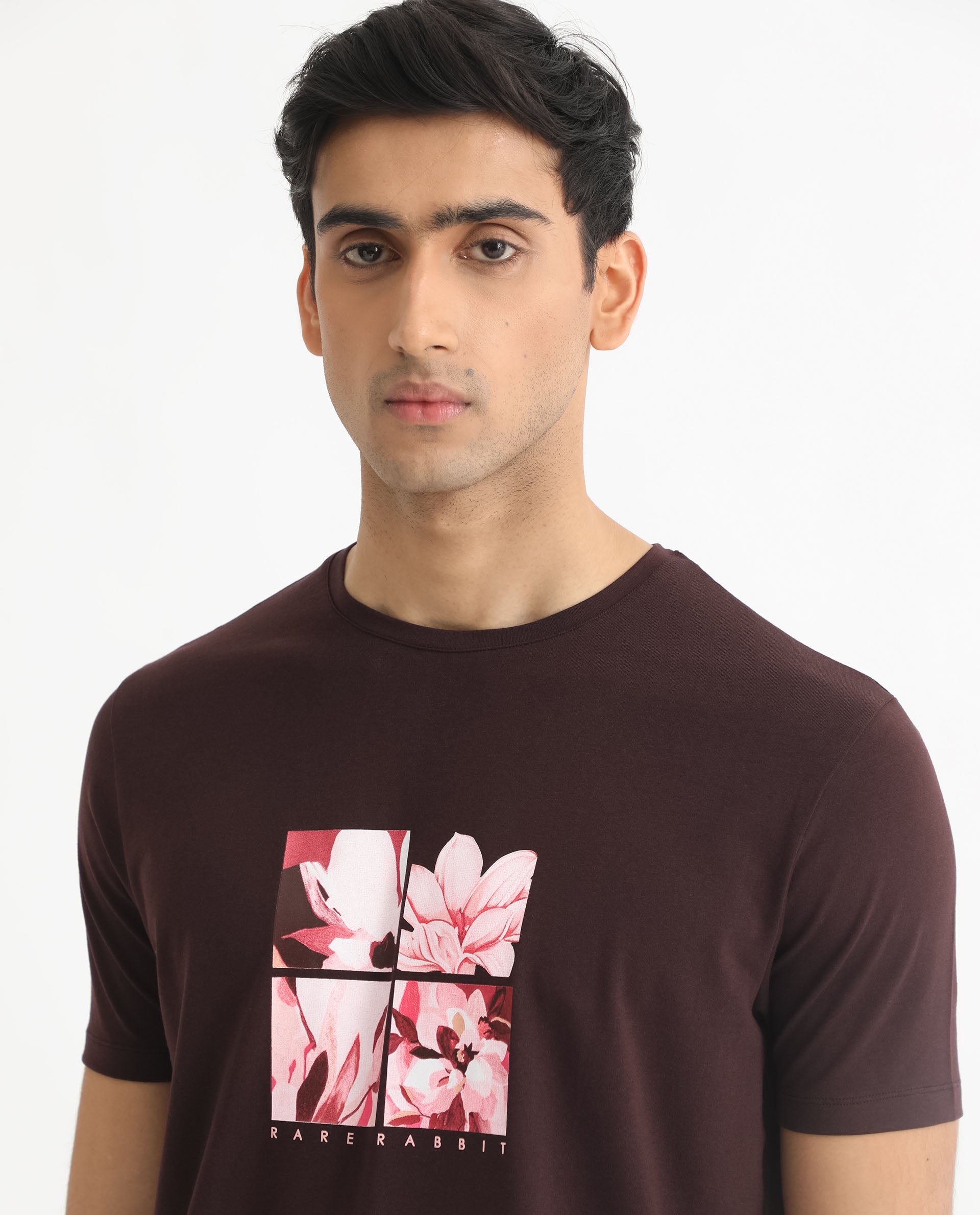 Rare Rabbit Men's Edis Maroon Crew Neck Floral Discharge Print Graphic Half Sleeves T-Shirt