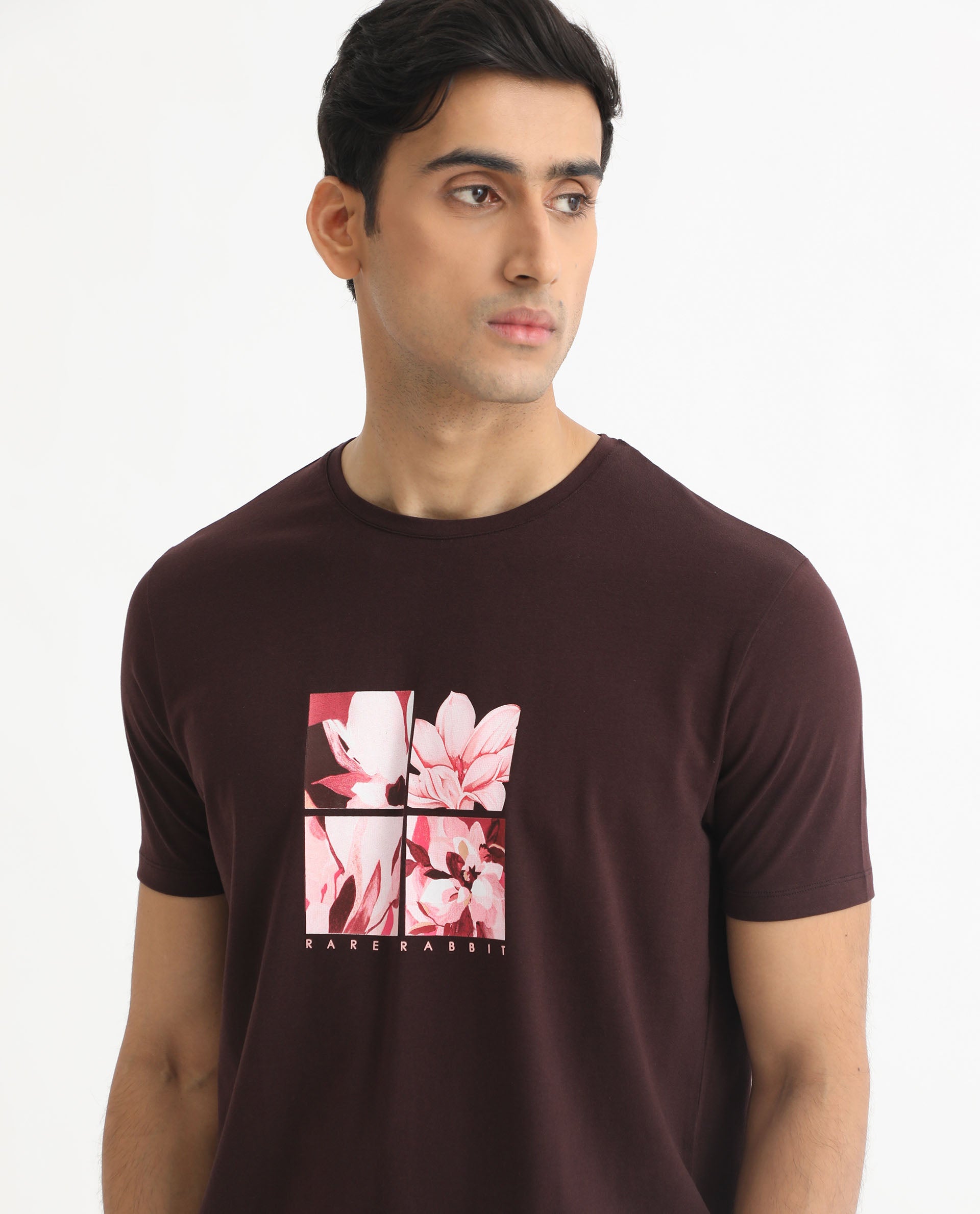 Rare Rabbit Men's Edis Maroon Crew Neck Floral Discharge Print Graphic Half Sleeves T-Shirt