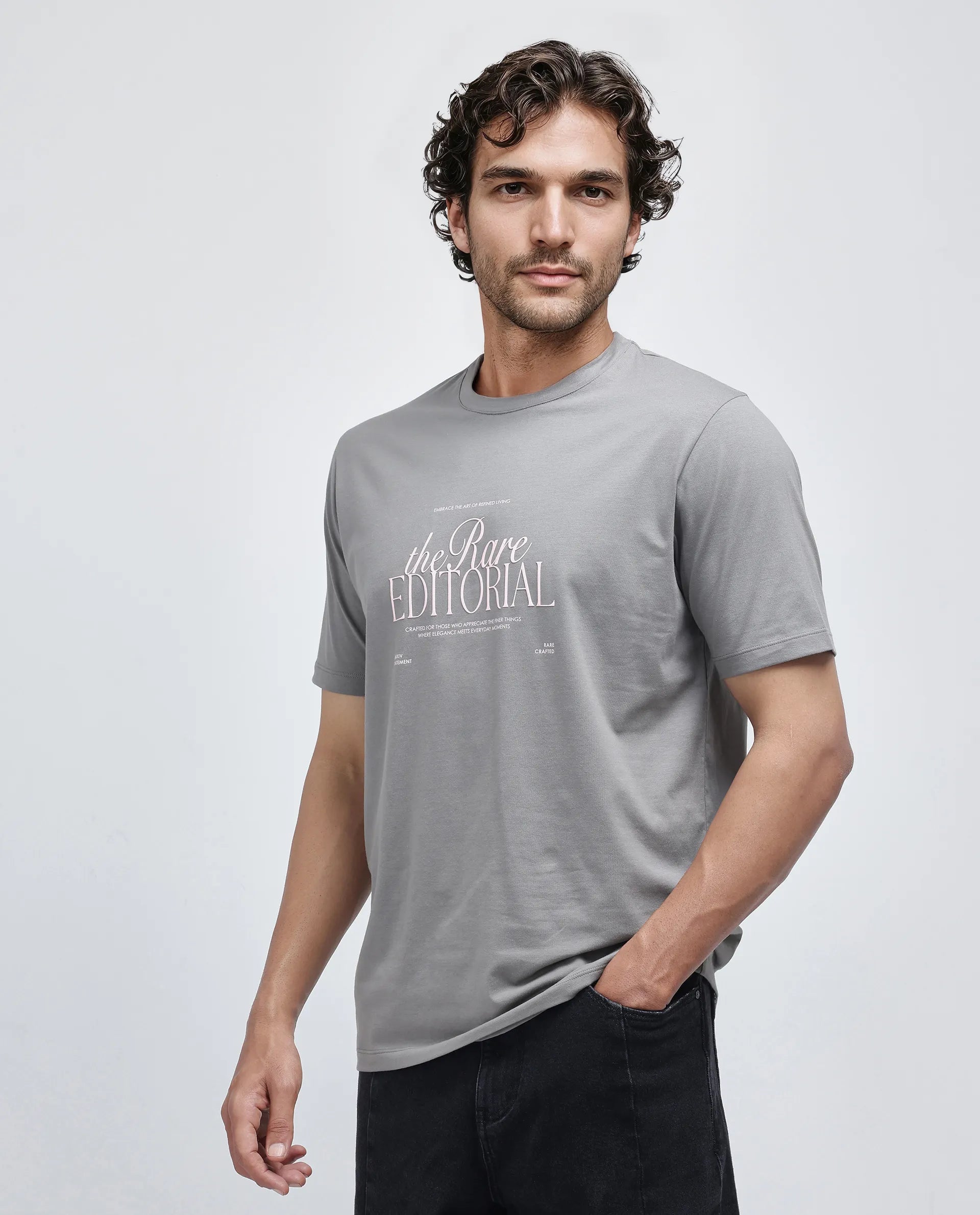 Rare Rabbit Men Edit Dusky Grey Cotton Lycra Fabric Short Sleeve Crew Neck Graphic Print T-Shirt