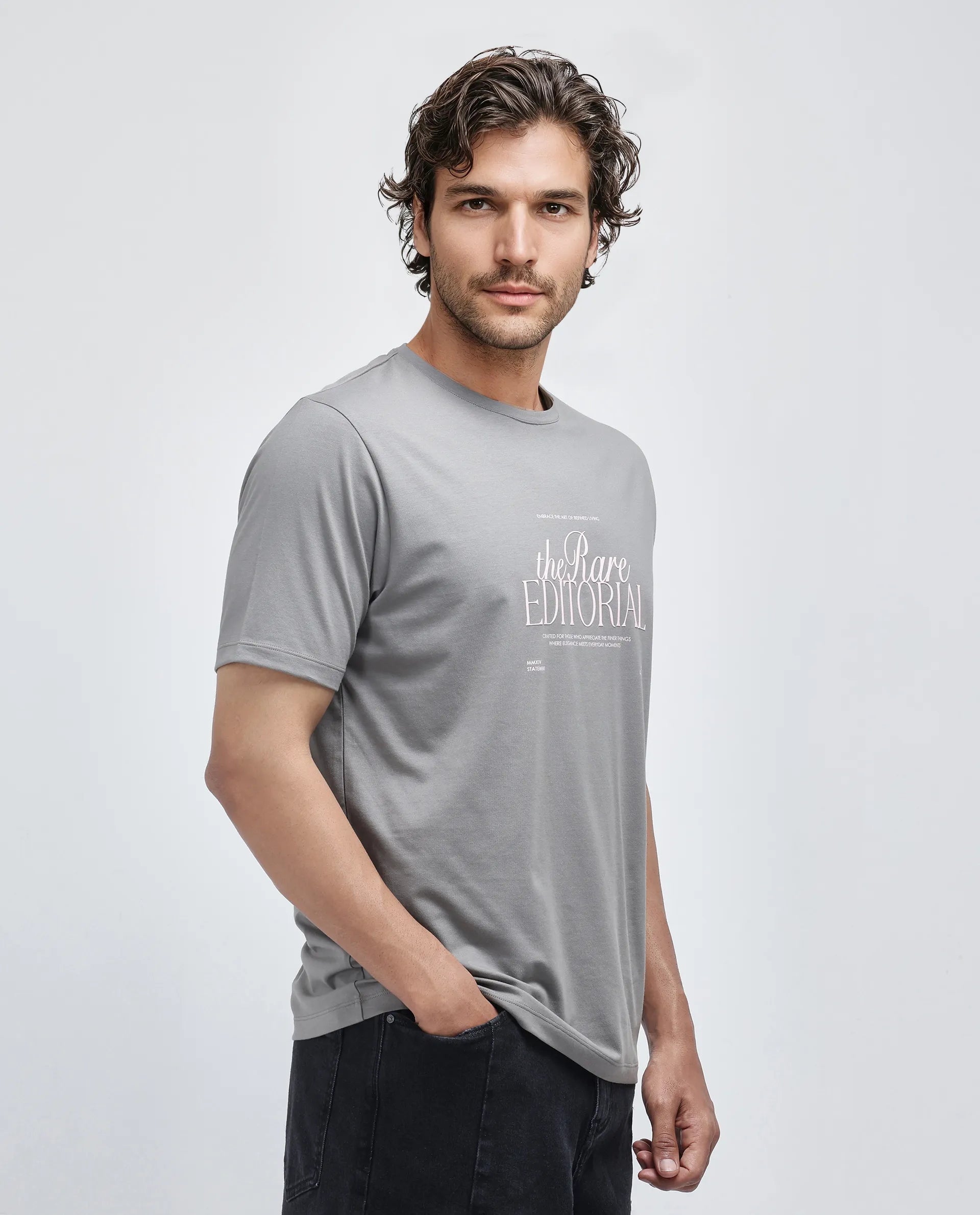Rare Rabbit Men Edit Dusky Grey Cotton Lycra Fabric Short Sleeve Crew Neck Graphic Print T-Shirt
