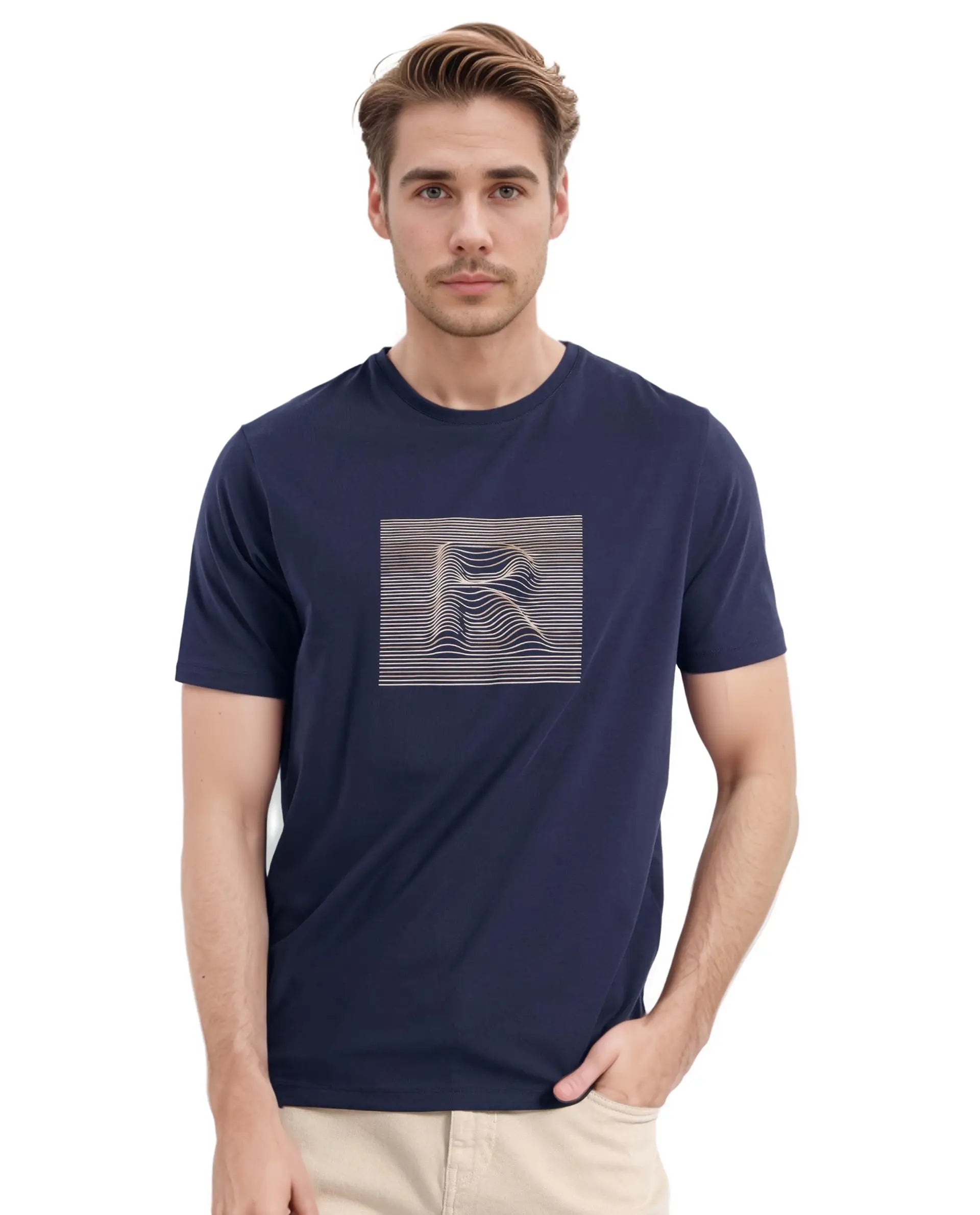 Rare Rabbit Men Edo Navy Cotton Fabric Short Sleeve Crew Neck HD Graphic Print T-Shirt