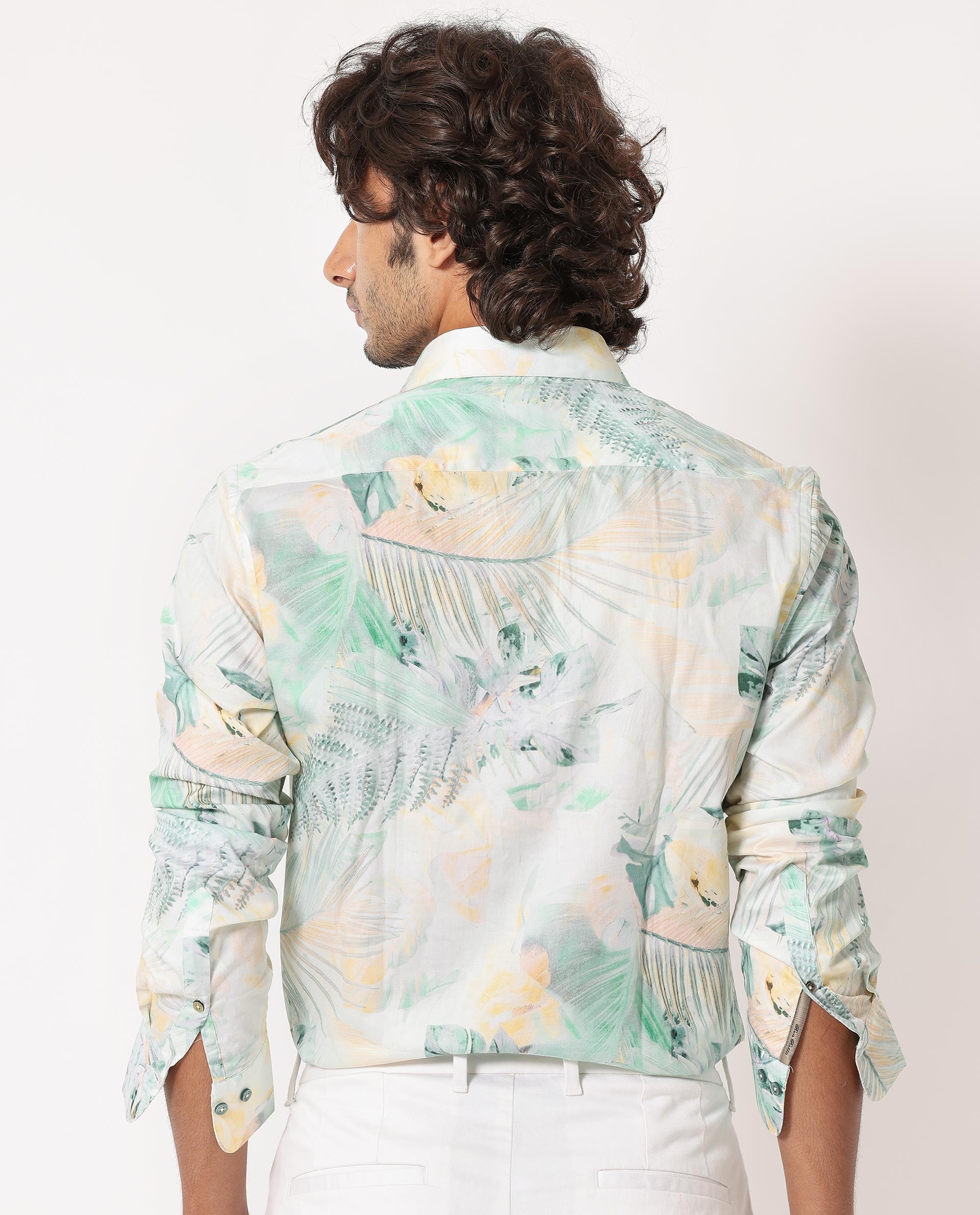 Rare Rabbit Men's Edros Off White Cotton Fabric Tropical Print Full Sleeves Shirt
