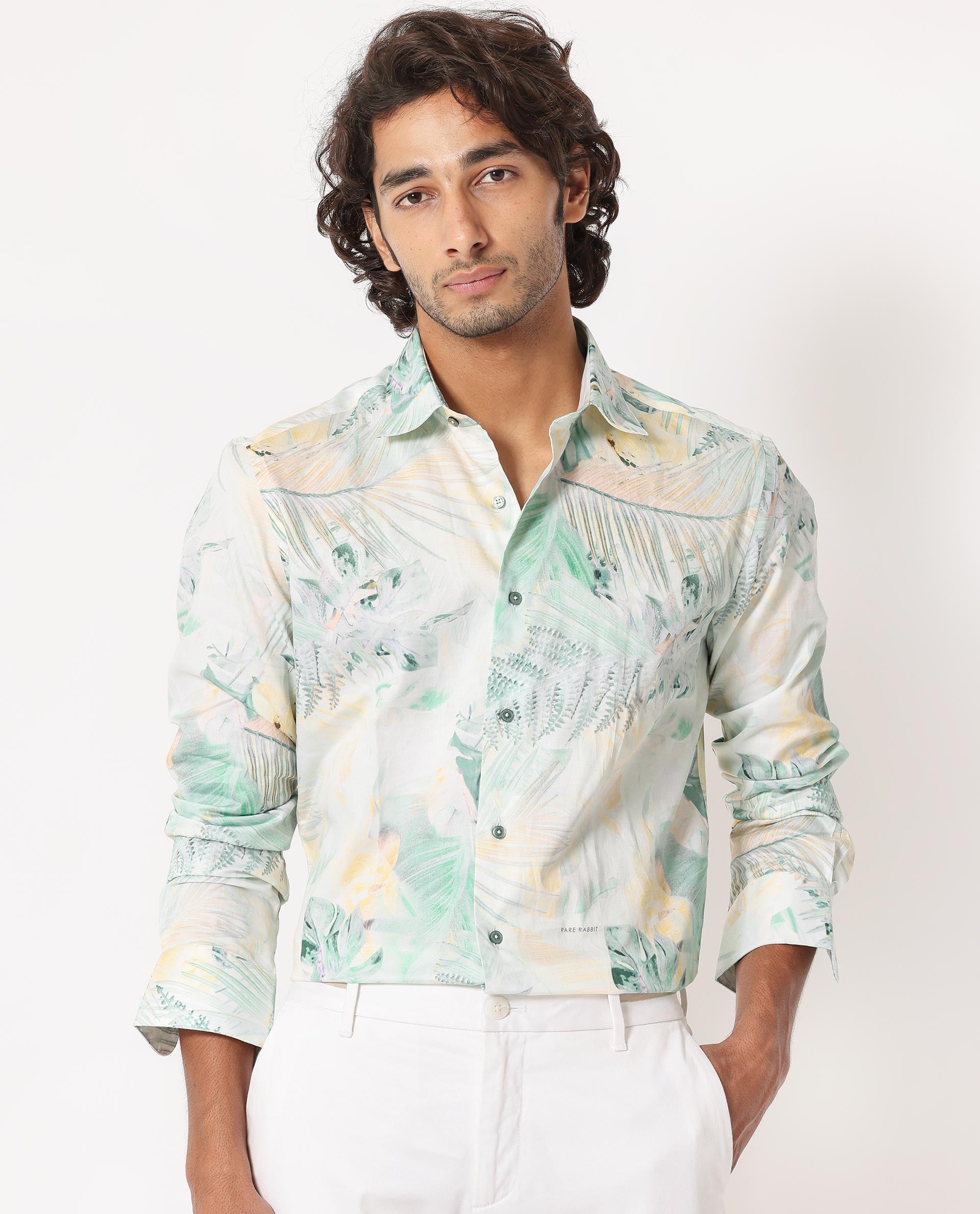 Rare Rabbit Men's Edros Off White Cotton Fabric Tropical Print Full Sleeves Shirt