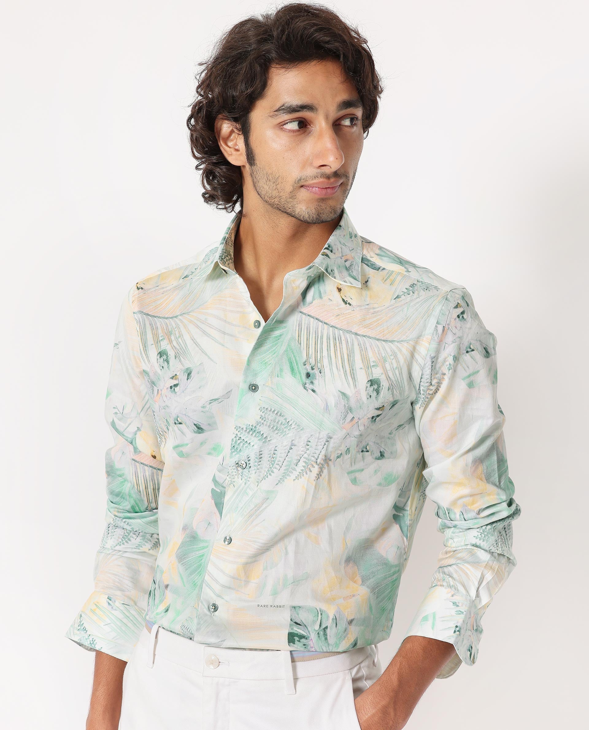 Rare Rabbit Men's Edros Off White Cotton Fabric Tropical Print Full Sleeves Shirt