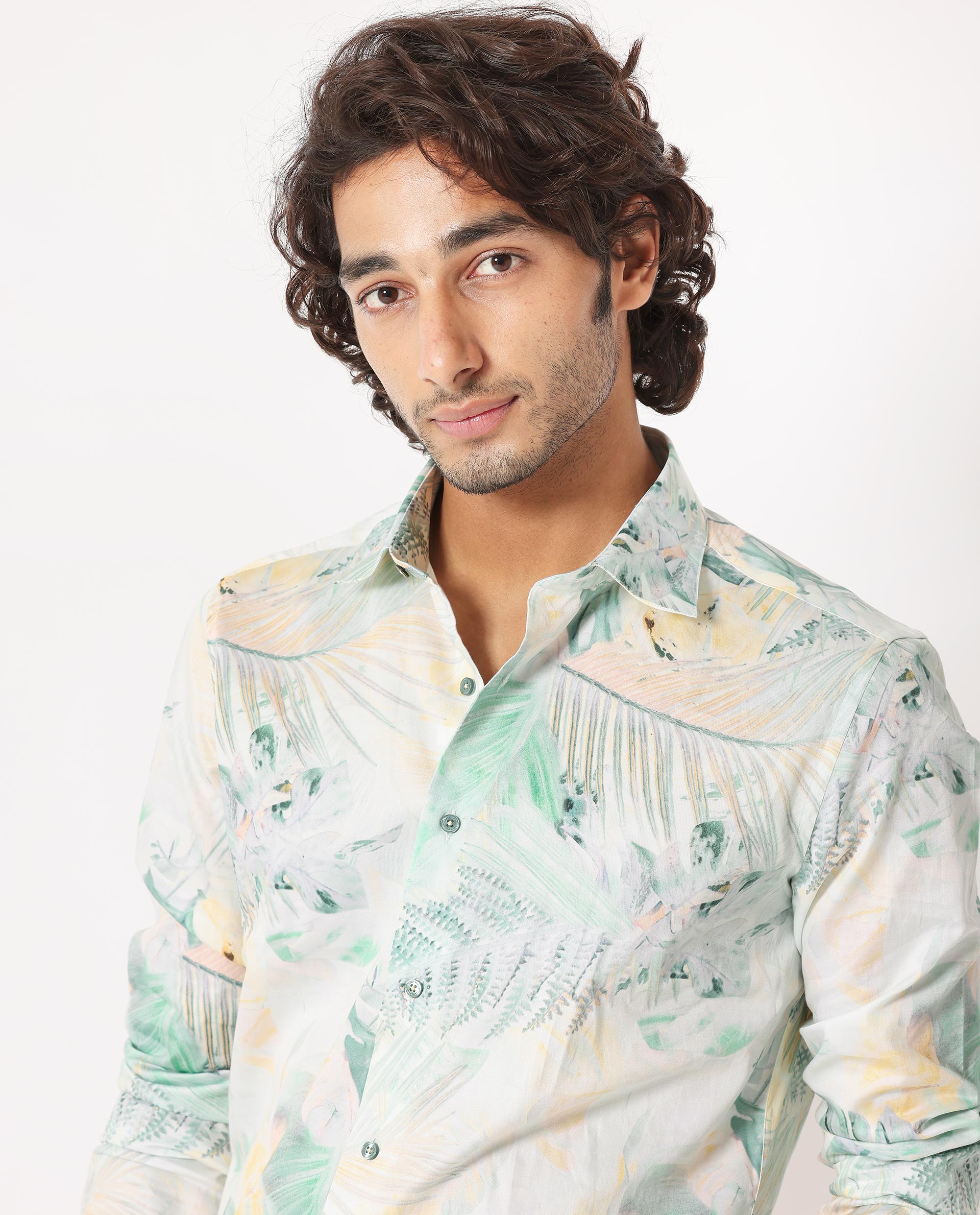 Rare Rabbit Men's Edros Off White Cotton Fabric Tropical Print Full Sleeves Shirt