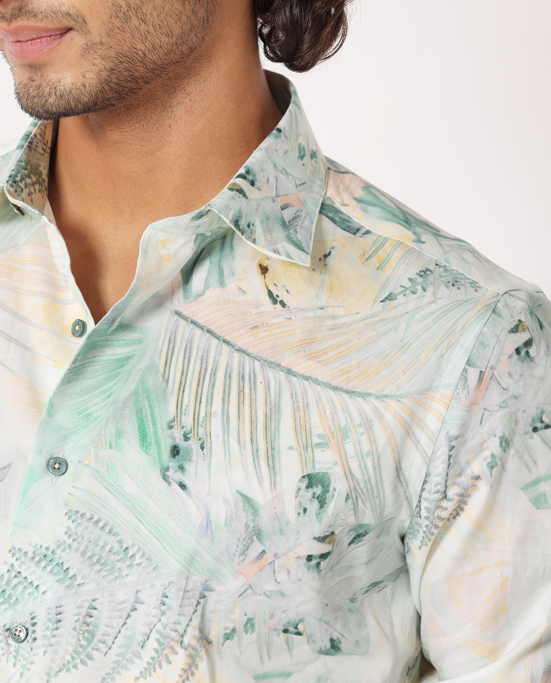 Rare Rabbit Men's Edros Off White Cotton Fabric Tropical Print Full Sleeves Shirt