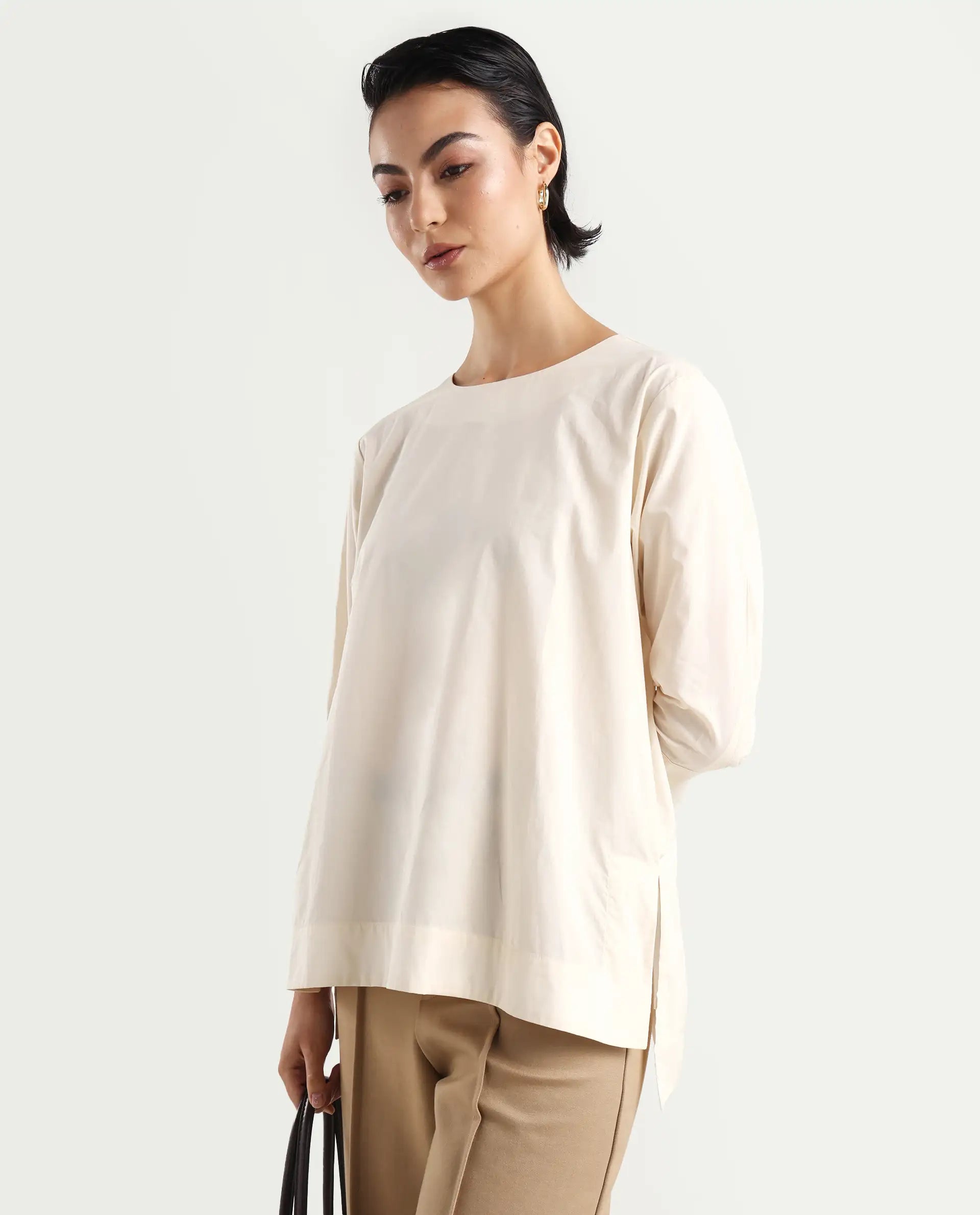 Rareism Women's Ehaan Beige Crew Neck Plain Cuffed Sleeve Regular Fit Top