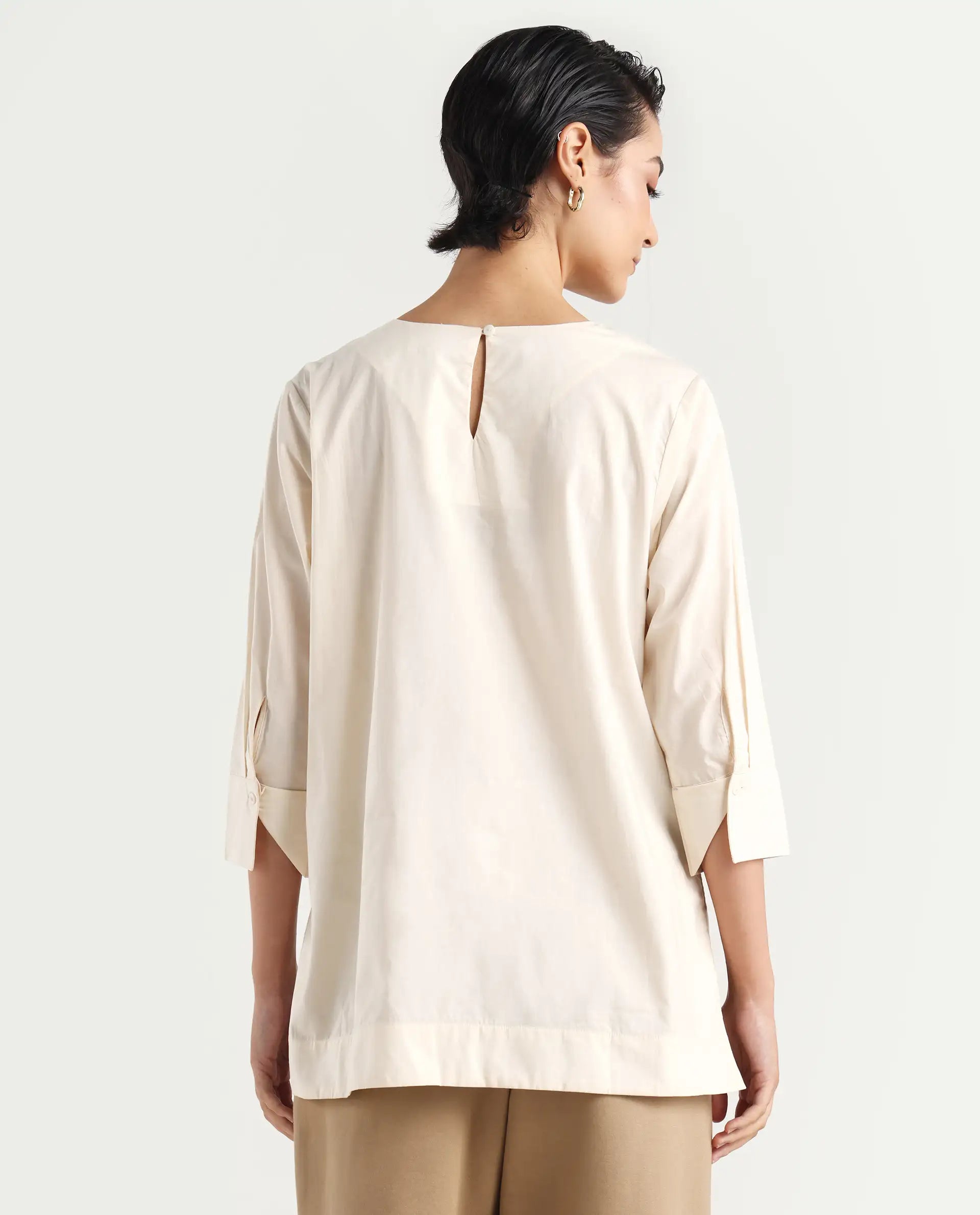Rareism Women's Ehaan Beige Crew Neck Plain Cuffed Sleeve Regular Fit Top