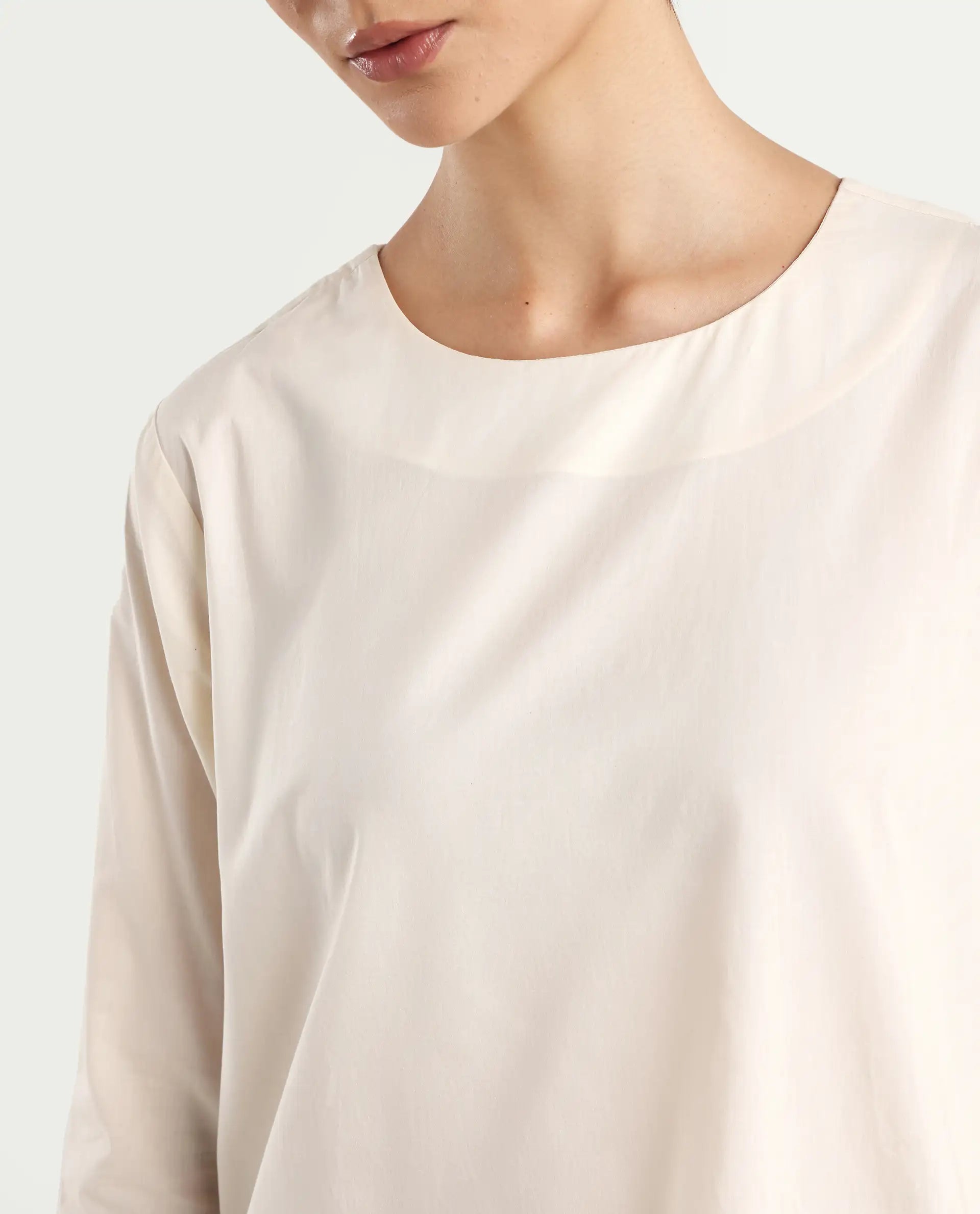 Rareism Women's Ehaan Beige Crew Neck Plain Cuffed Sleeve Regular Fit Top