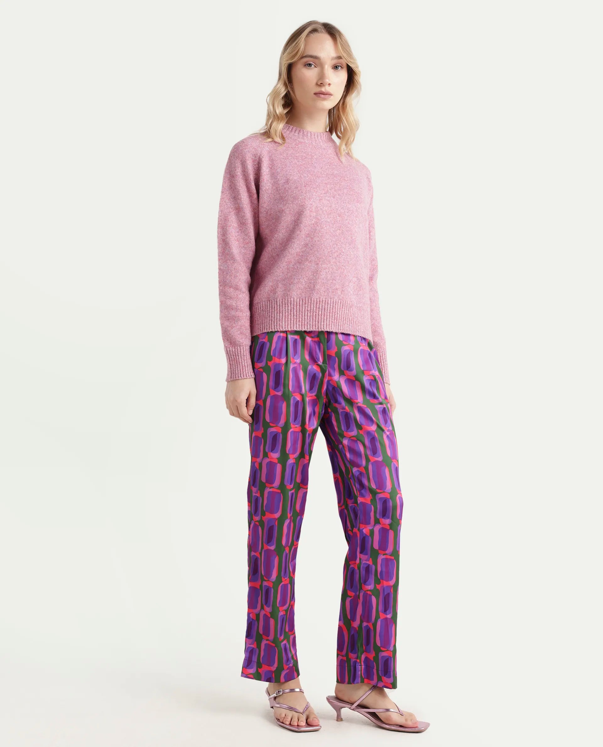 Rareism Women's Eista Purple Polyester Geometric Print Ankle Length Relaxed Fit Trouser