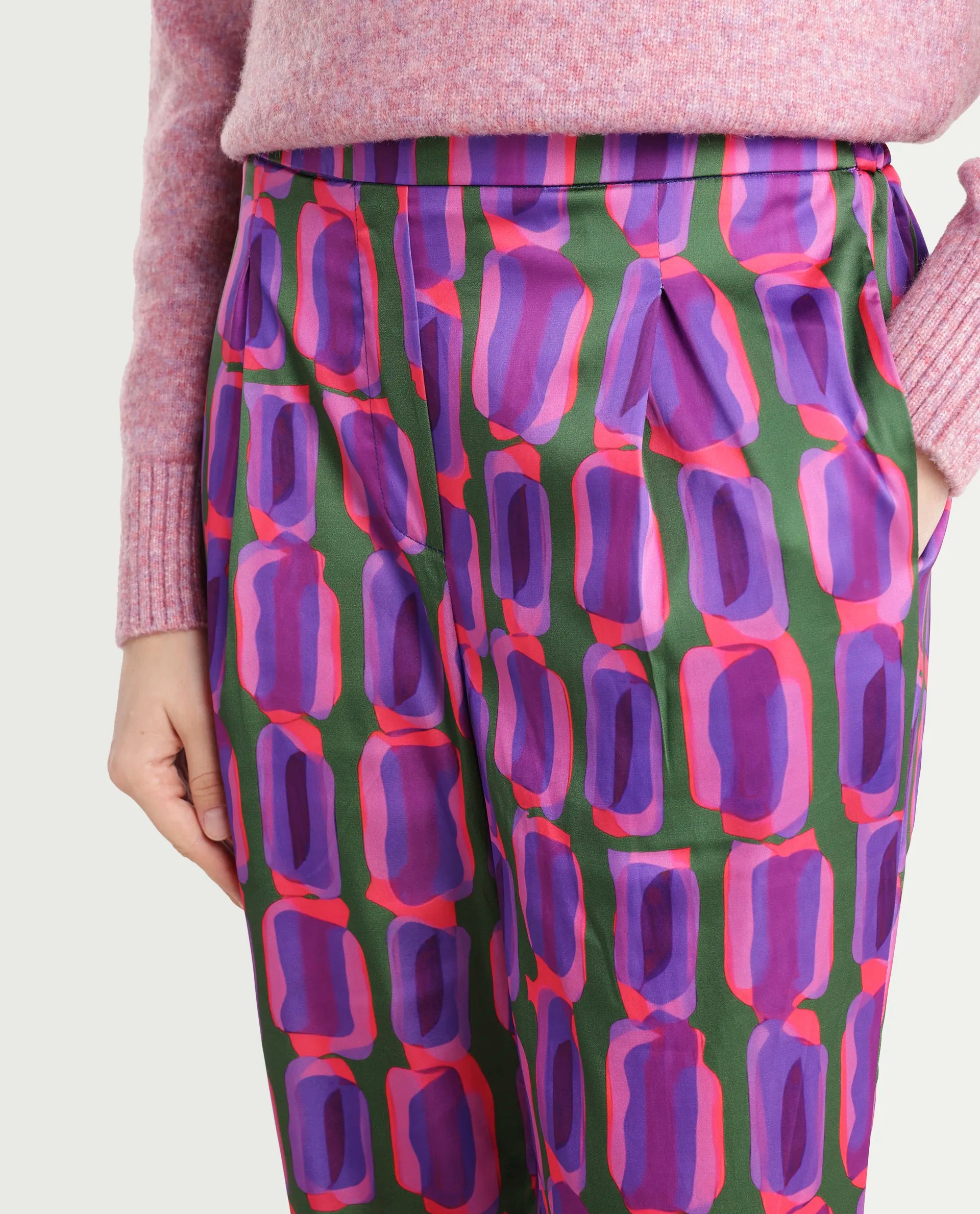 Rareism Women's Eista Purple Polyester Geometric Print Ankle Length Relaxed Fit Trouser