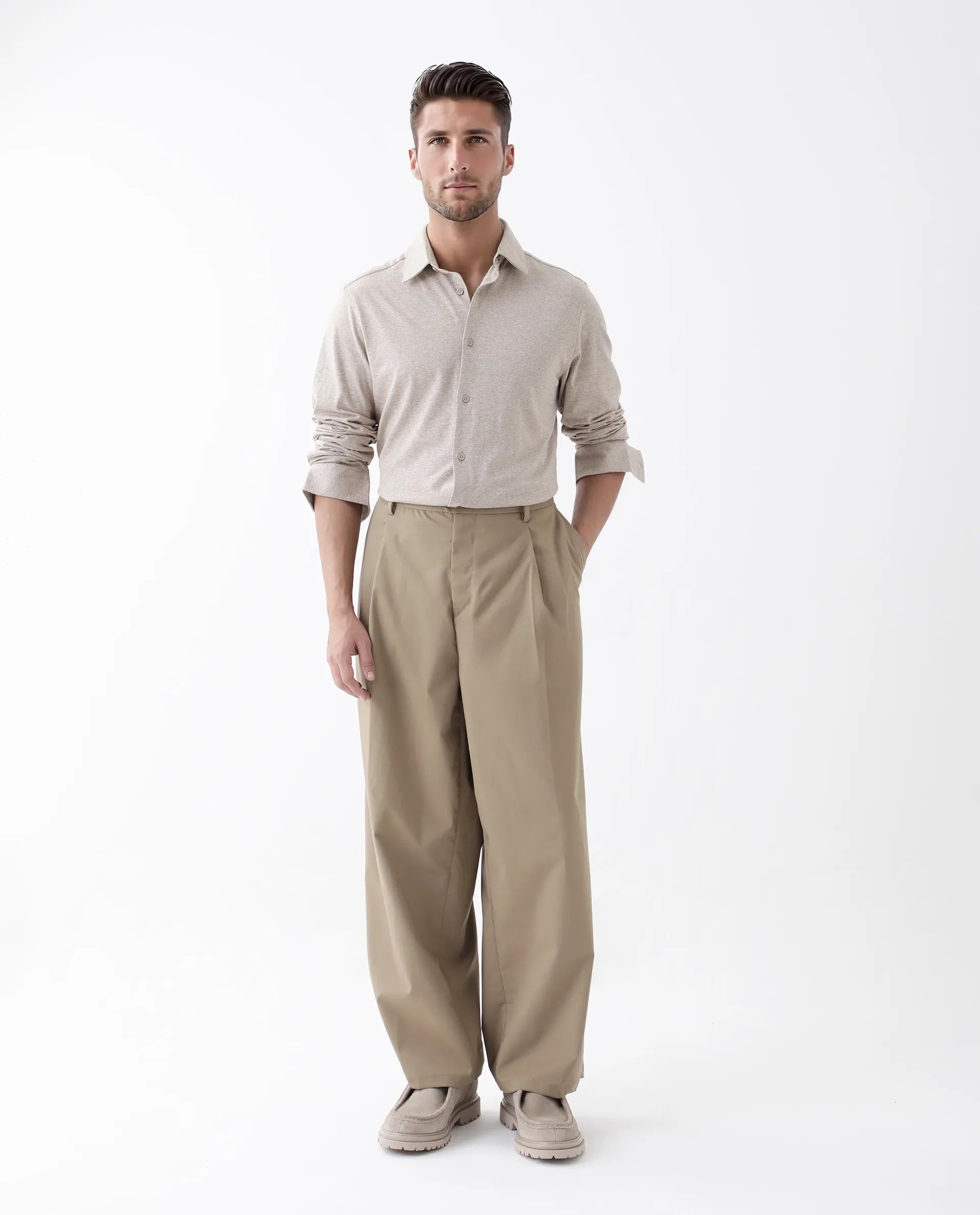 Rare Rabbit Men's Ekel Light Beige Cotton Blend Plain Regular Fit Full Sleeve Collared Shirt