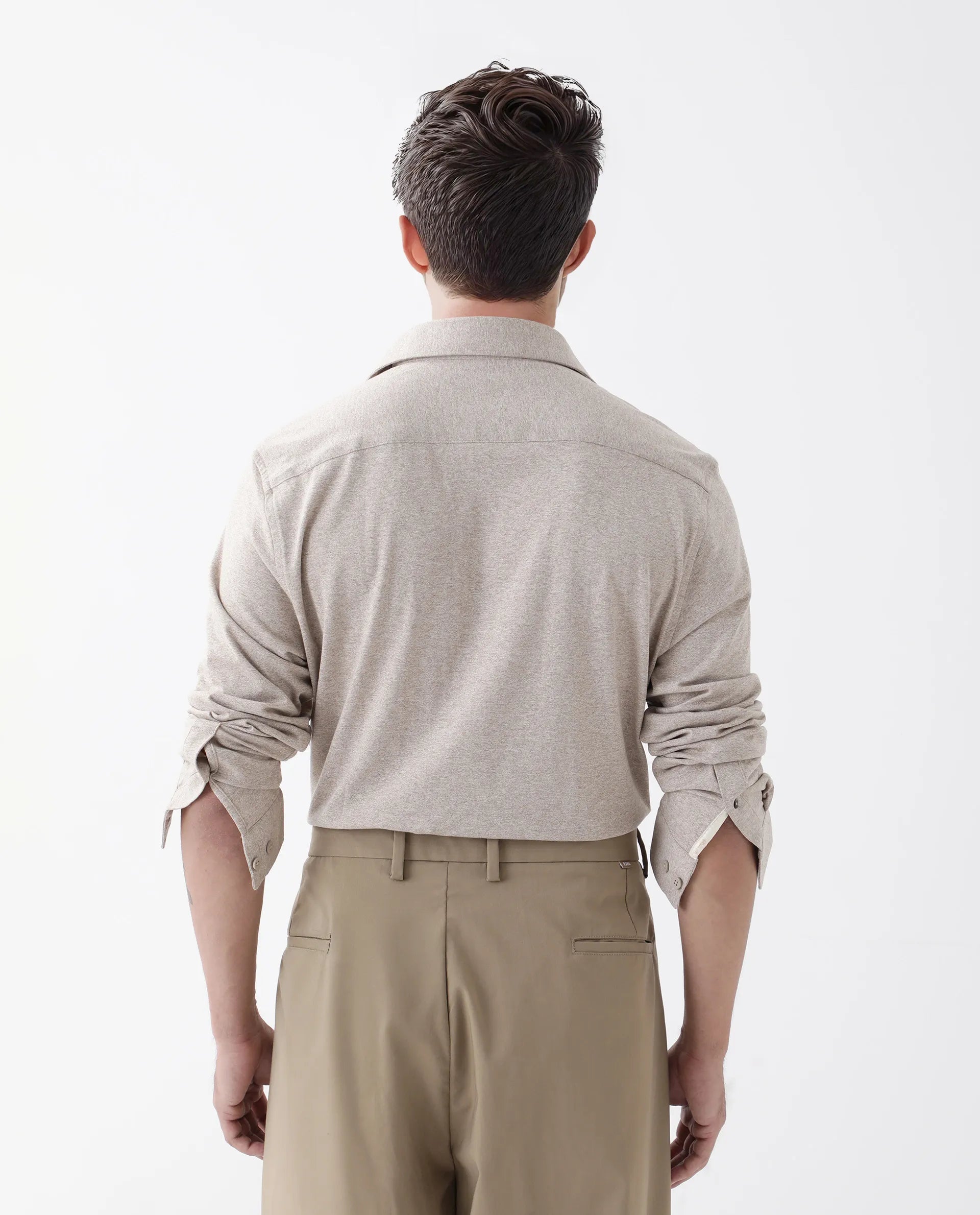 Rare Rabbit Men's Ekel Light Beige Cotton Blend Plain Regular Fit Full Sleeve Collared Shirt